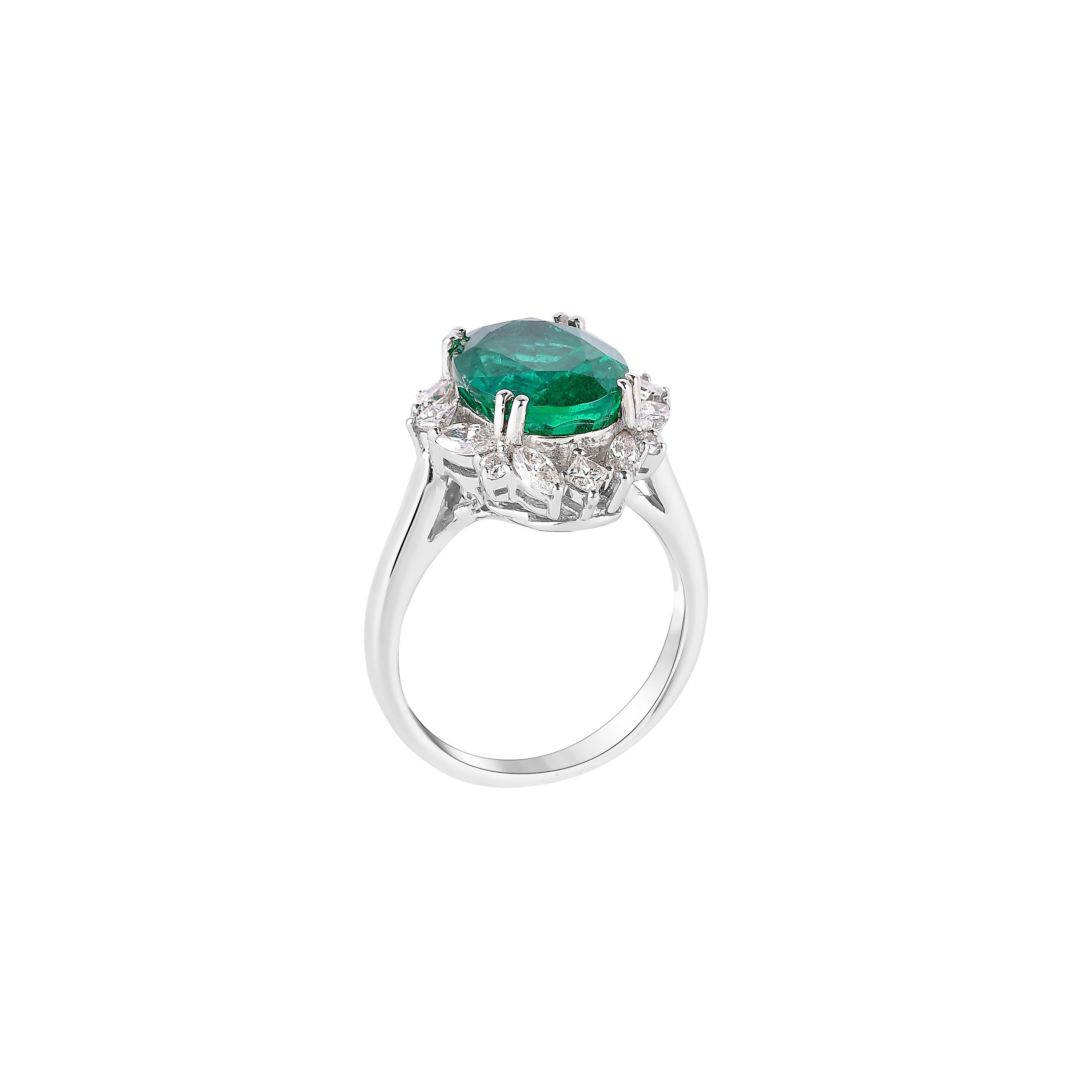 Contemporary Sunita Nahata GRS Certified Zambian Emerald 5.10ct. Ring in 18KWG with Diamond. For Sale