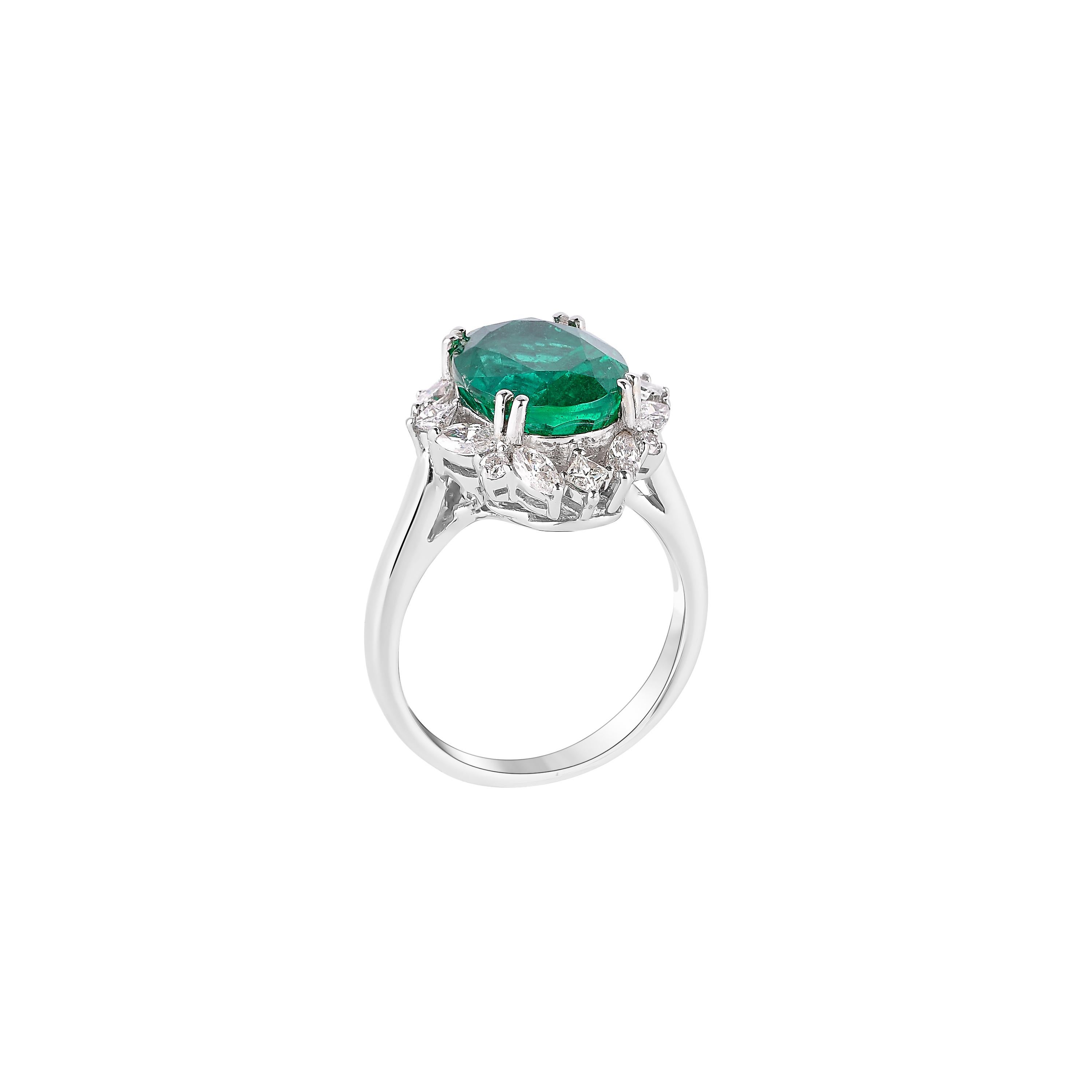 Contemporary GRS Certified 5.1 Carat Zambian Emerald and Diamond Ring in 18 Karat White Gold For Sale