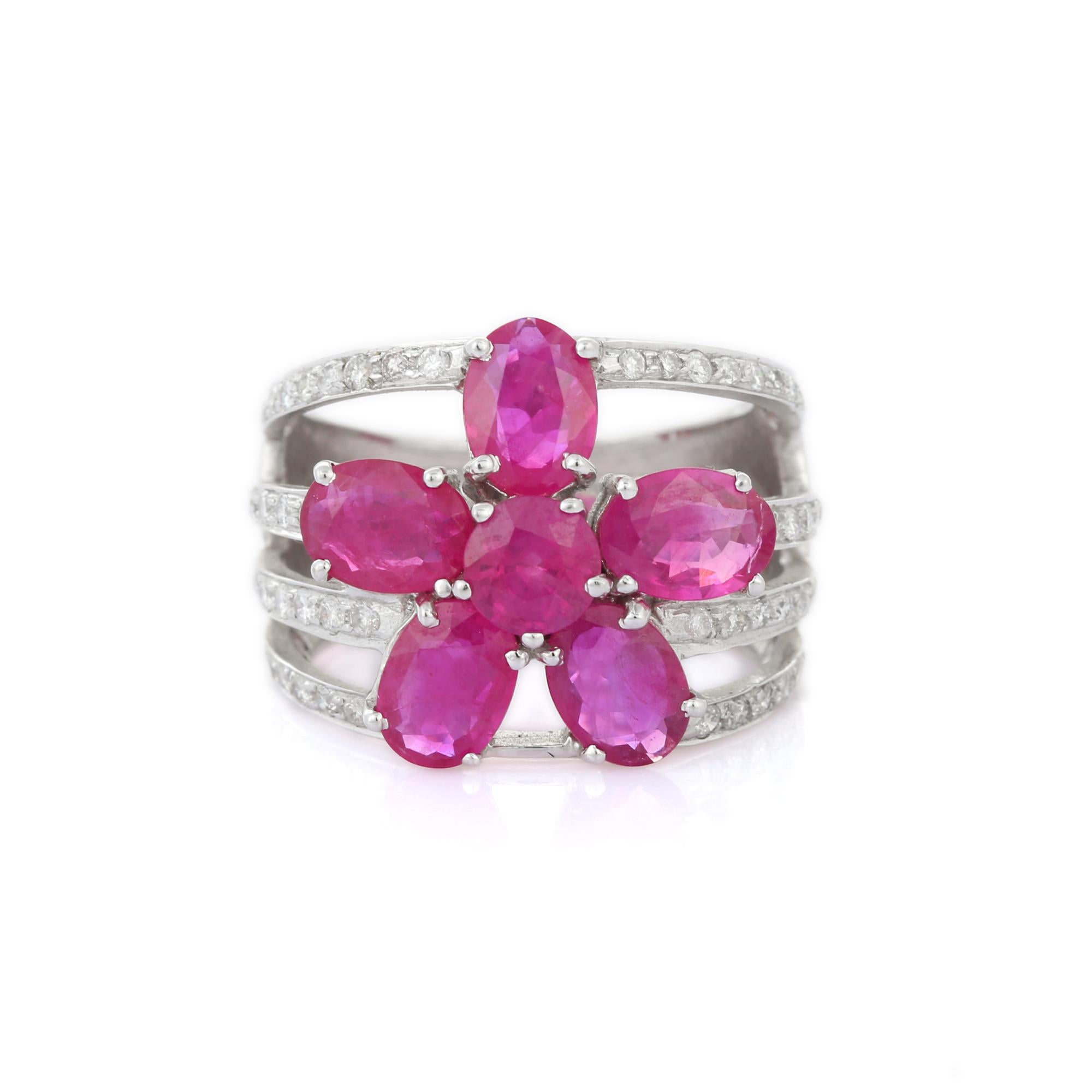 For Sale:  5.1 Ct Ruby Statement Flower Ring with Diamonds 18k Solid White Gold 2