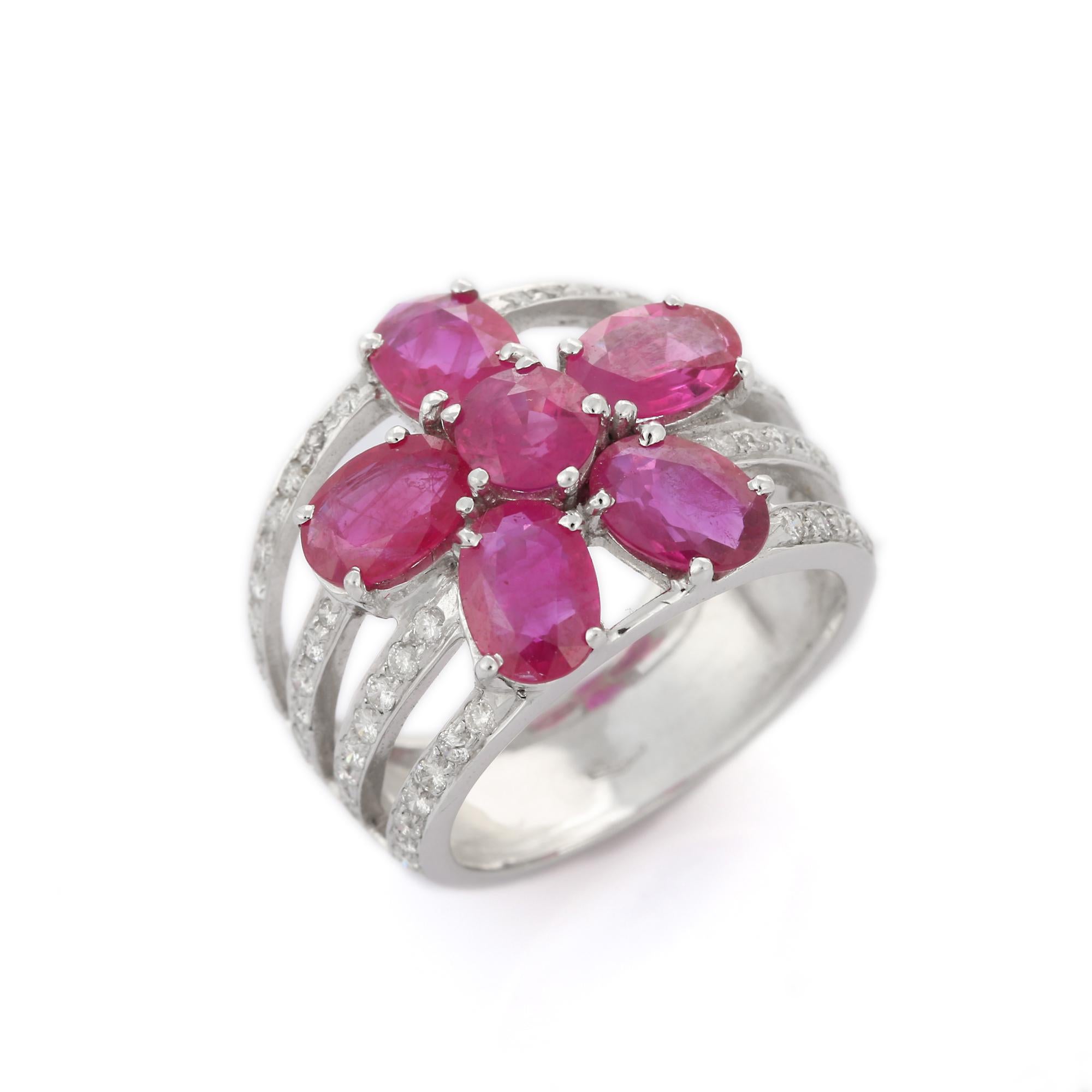 For Sale:  5.1 Ct Ruby Statement Flower Ring with Diamonds 18k Solid White Gold 3