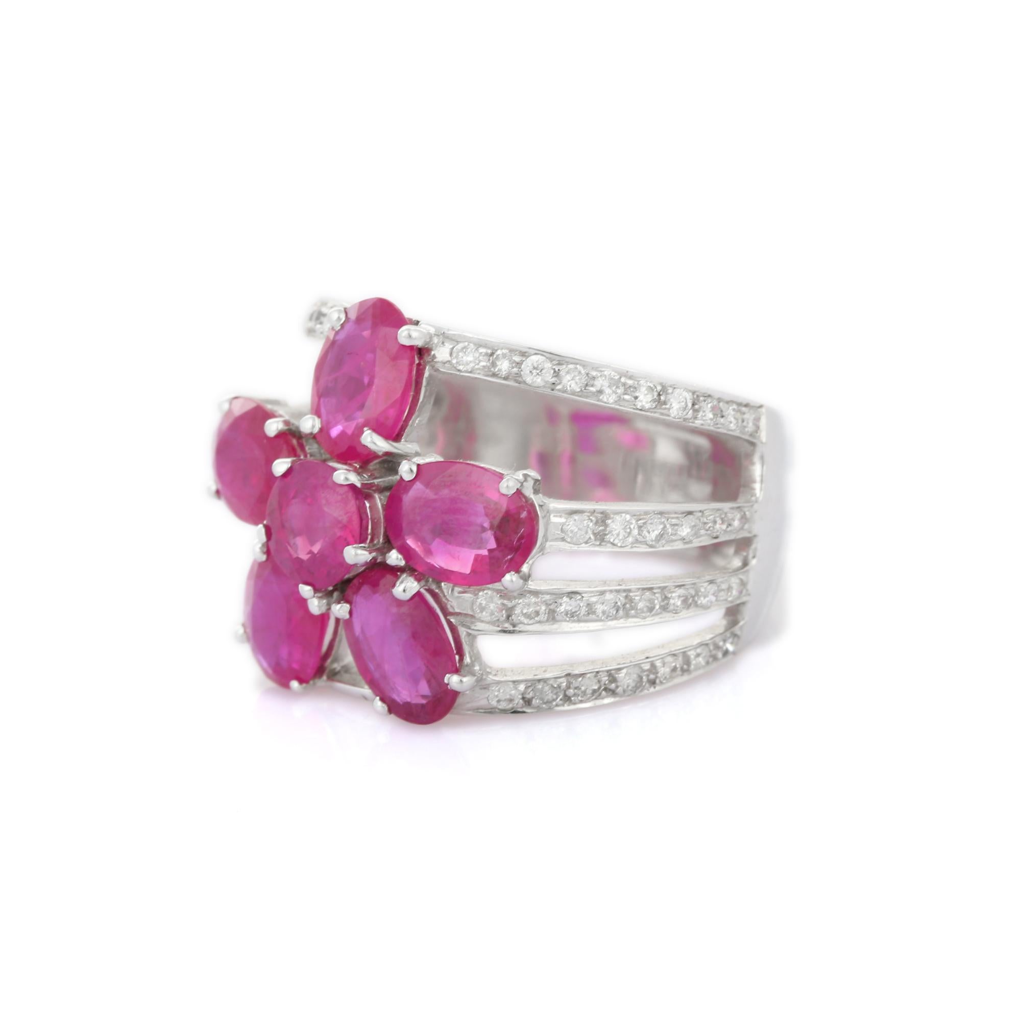For Sale:  5.1 Ct Ruby Statement Flower Ring with Diamonds 18k Solid White Gold 4