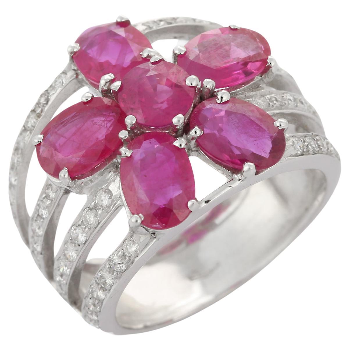 For Sale:  5.1 Ct Ruby Statement Flower Ring with Diamonds 18k Solid White Gold