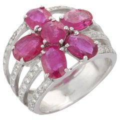 5.1 Ct Ruby Statement Flower Ring with Diamonds 18k Solid White Gold