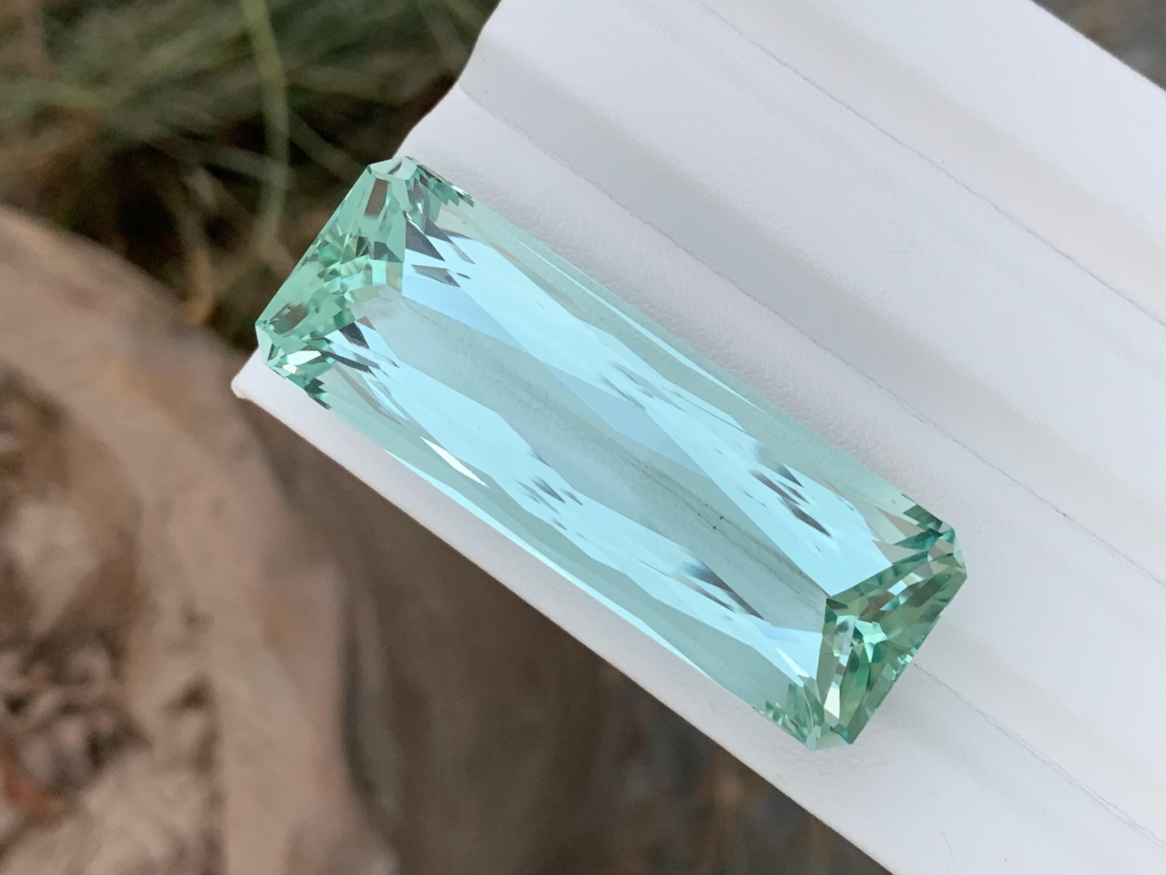 Faceted Aquamarine 
Weight: 108.05 Carats
Dimension: 51x18x14 Mm
Origin: Brazil
Color: Light Green 
Shape: Long Emerald 
Cut: Scissor 
Clarity: Top / Loupe Clean 
Treatment: Non
Certificate: On Customer Demand 
Green aquamarine, often referred to as