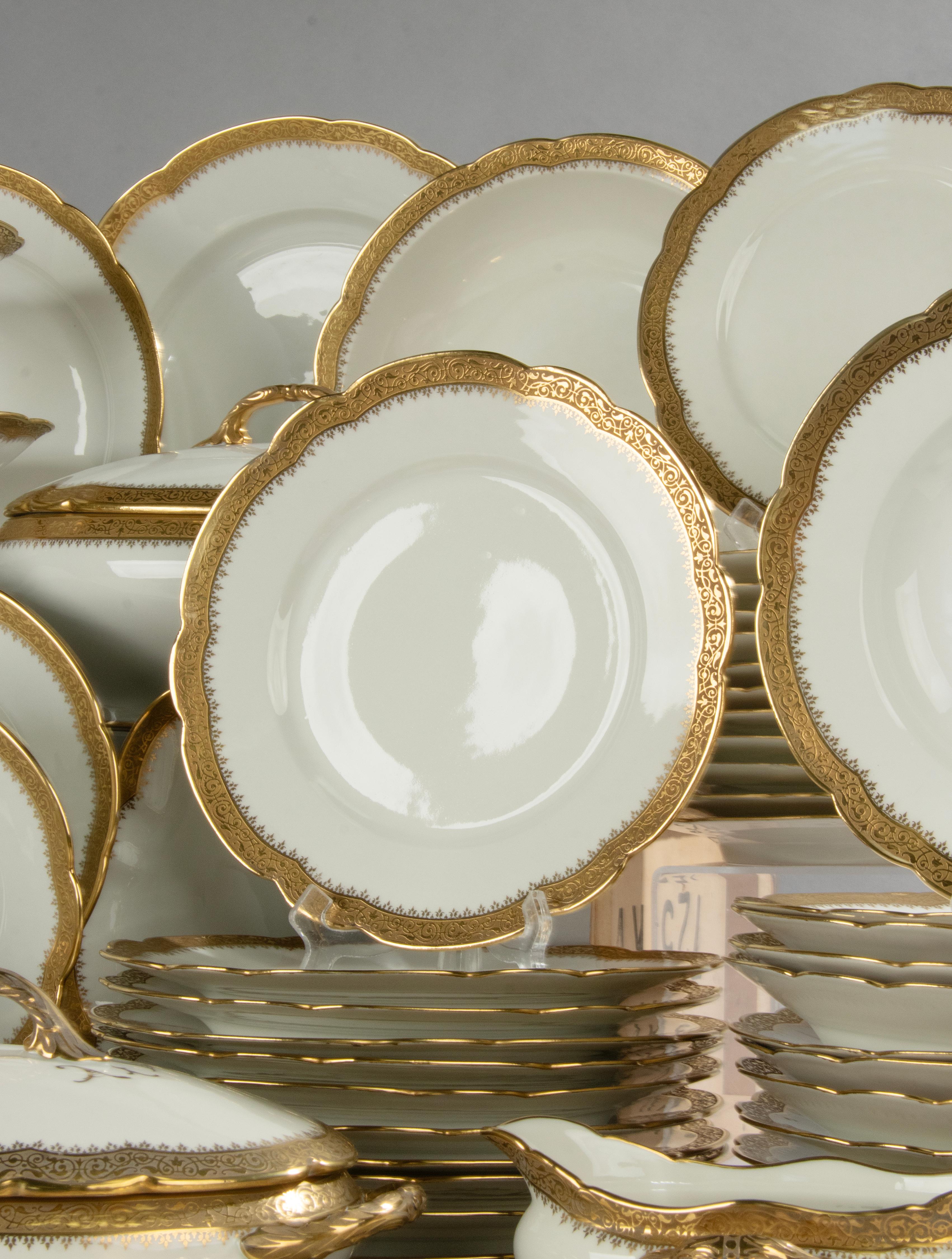 French 51-Piece Set Porcelain Tableware for 12 Persons - Limoges Incrusted Gold Trims