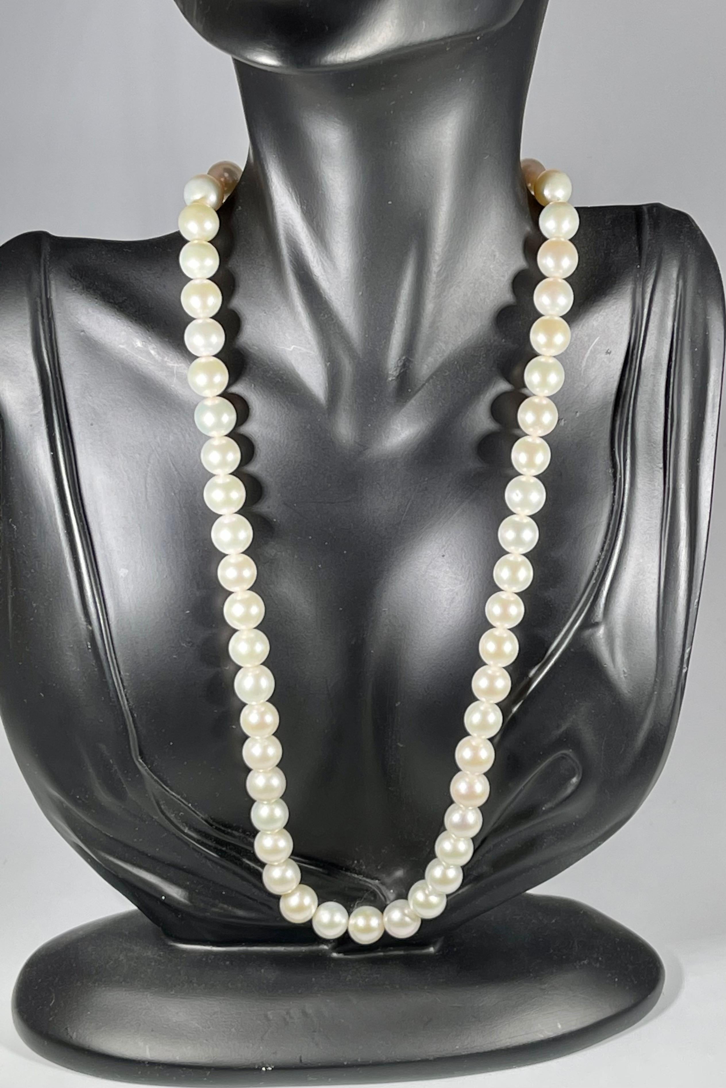 Round Cut 51 Round White Fresh Water  Pearls Strand Necklace Set in Silver Clasp For Sale