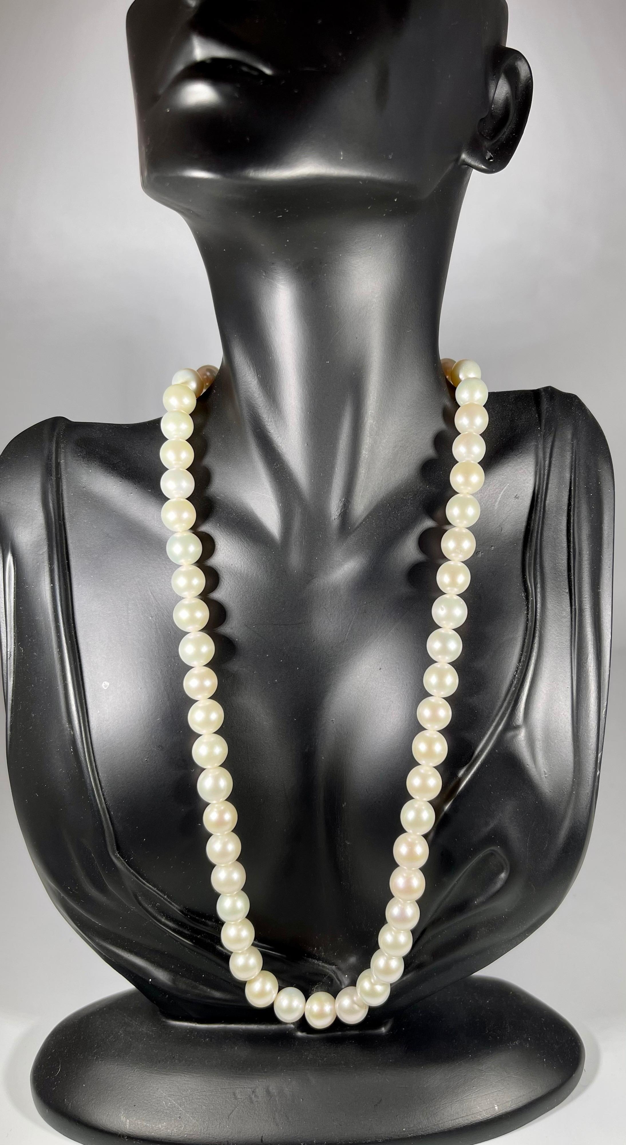 51 Round White Fresh Water  Pearls Strand Necklace Set in Silver Clasp For Sale 1