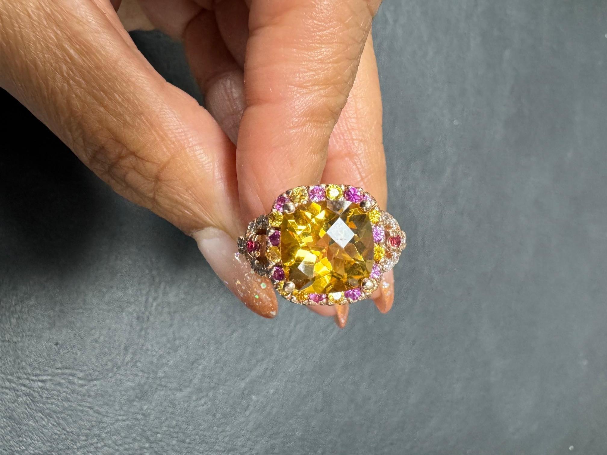 Ring aus 14 Karat Roségold mit 5,10 Karat Citrin im Kissenschliff, rosa Saphir und Diamant im Angebot 5