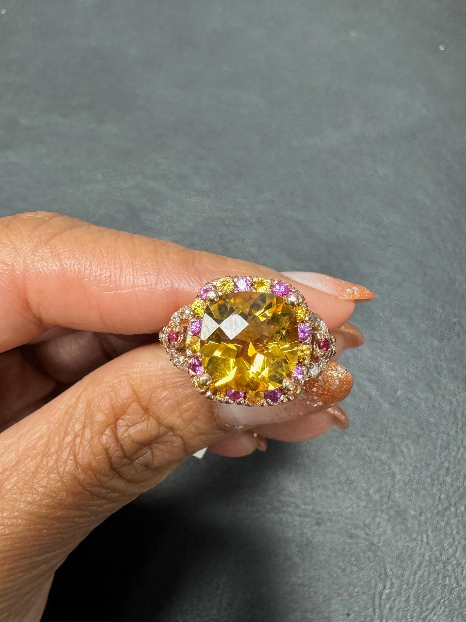 Ring aus 14 Karat Roségold mit 5,10 Karat Citrin im Kissenschliff, rosa Saphir und Diamant im Angebot 7