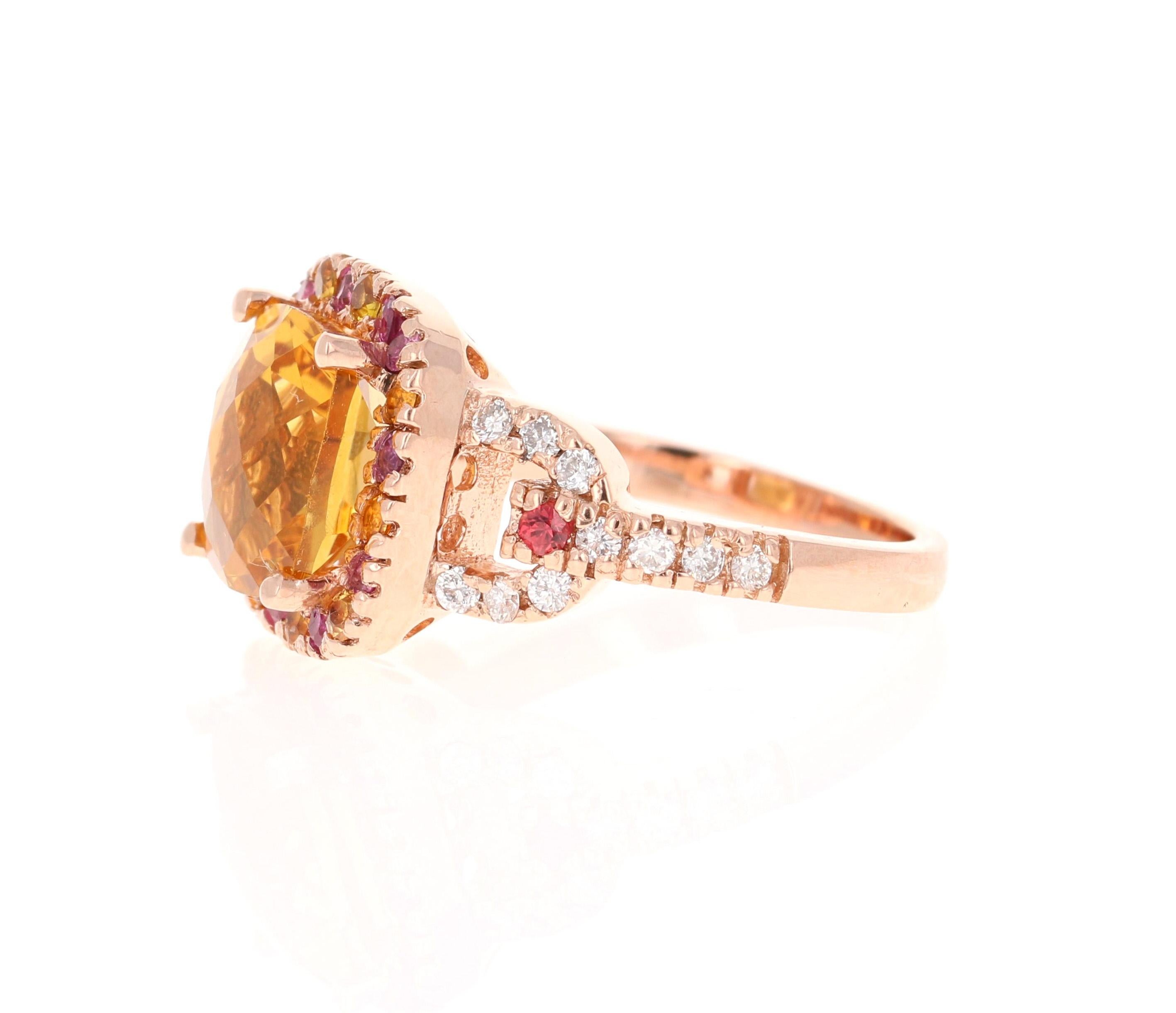 Contemporary 5.10 Carat Cushion Cut Citrine, Pink Sapphire Diamond 14 Karat Rose Gold Ring For Sale