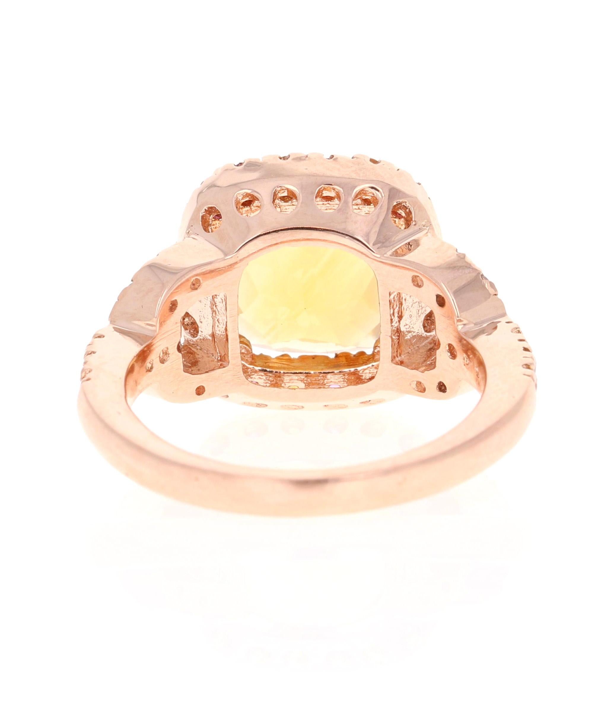 Taille coussin Bague en or rose 14 carats, citrine taille coussin de 5,10 carats, saphir rose et diamants en vente