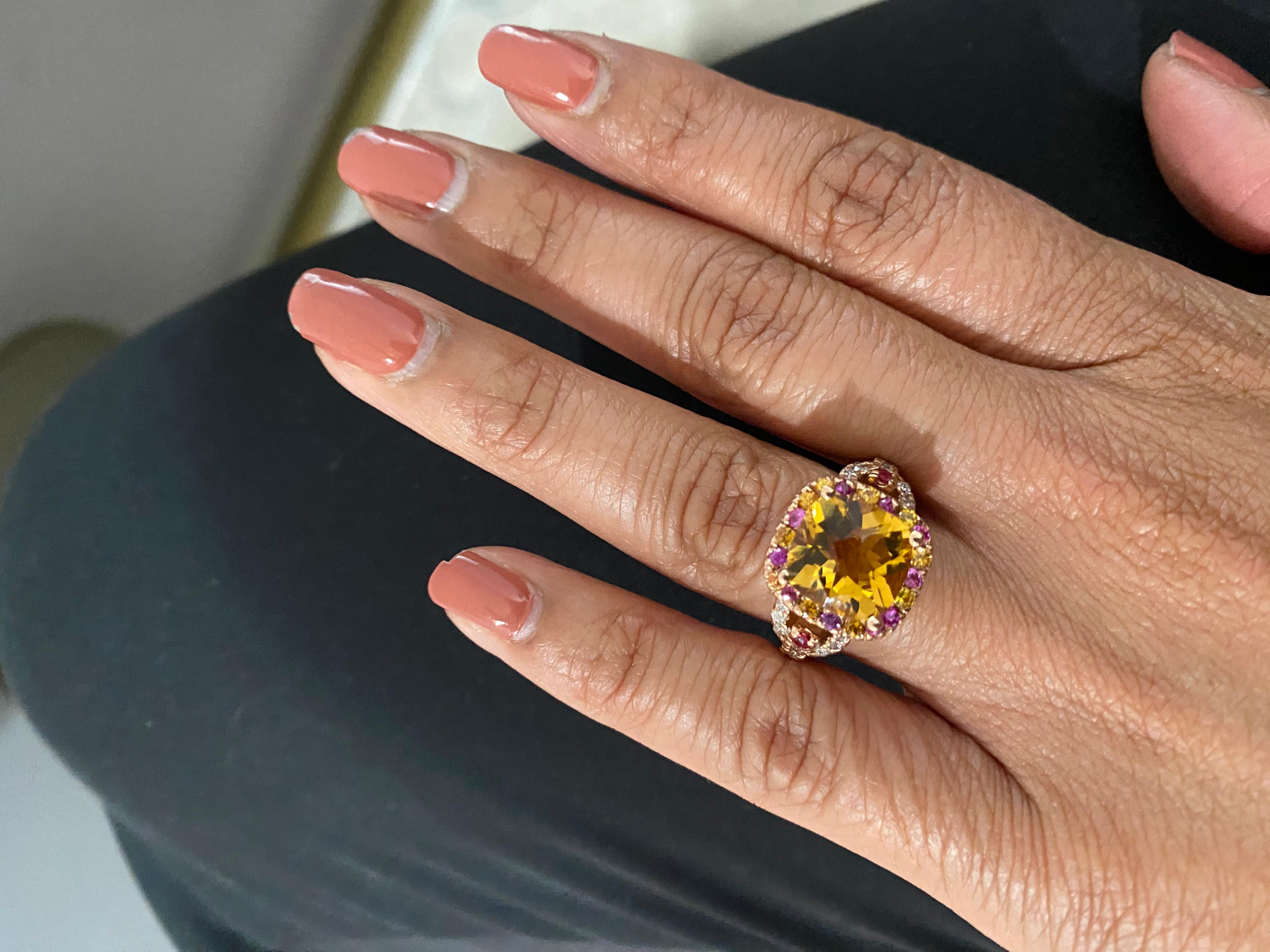 Bague en or rose 14 carats, citrine taille coussin de 5,10 carats, saphir rose et diamants Neuf - En vente à Los Angeles, CA