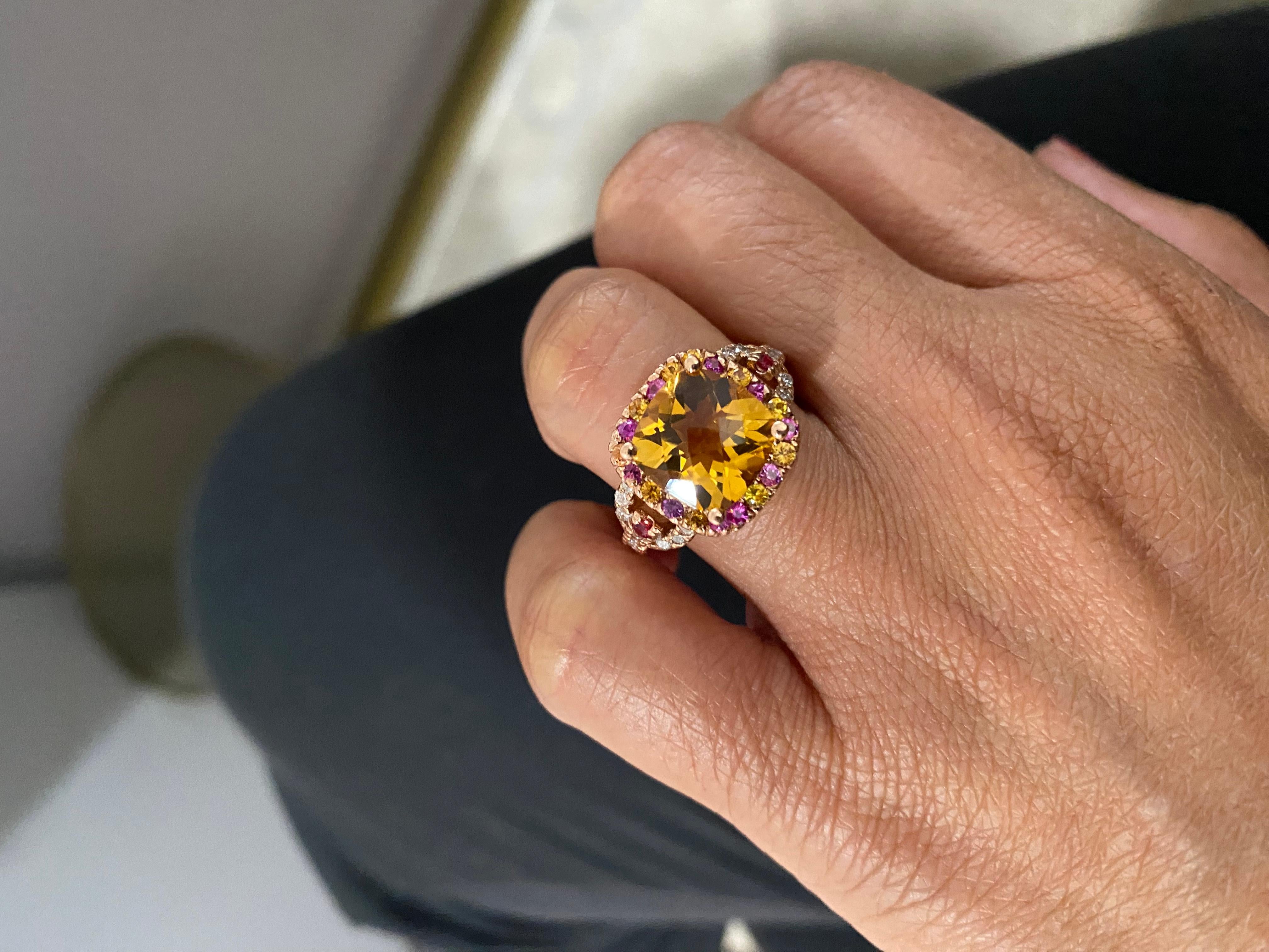 Bague en or rose 14 carats, citrine taille coussin de 5,10 carats, saphir rose et diamants en vente 1