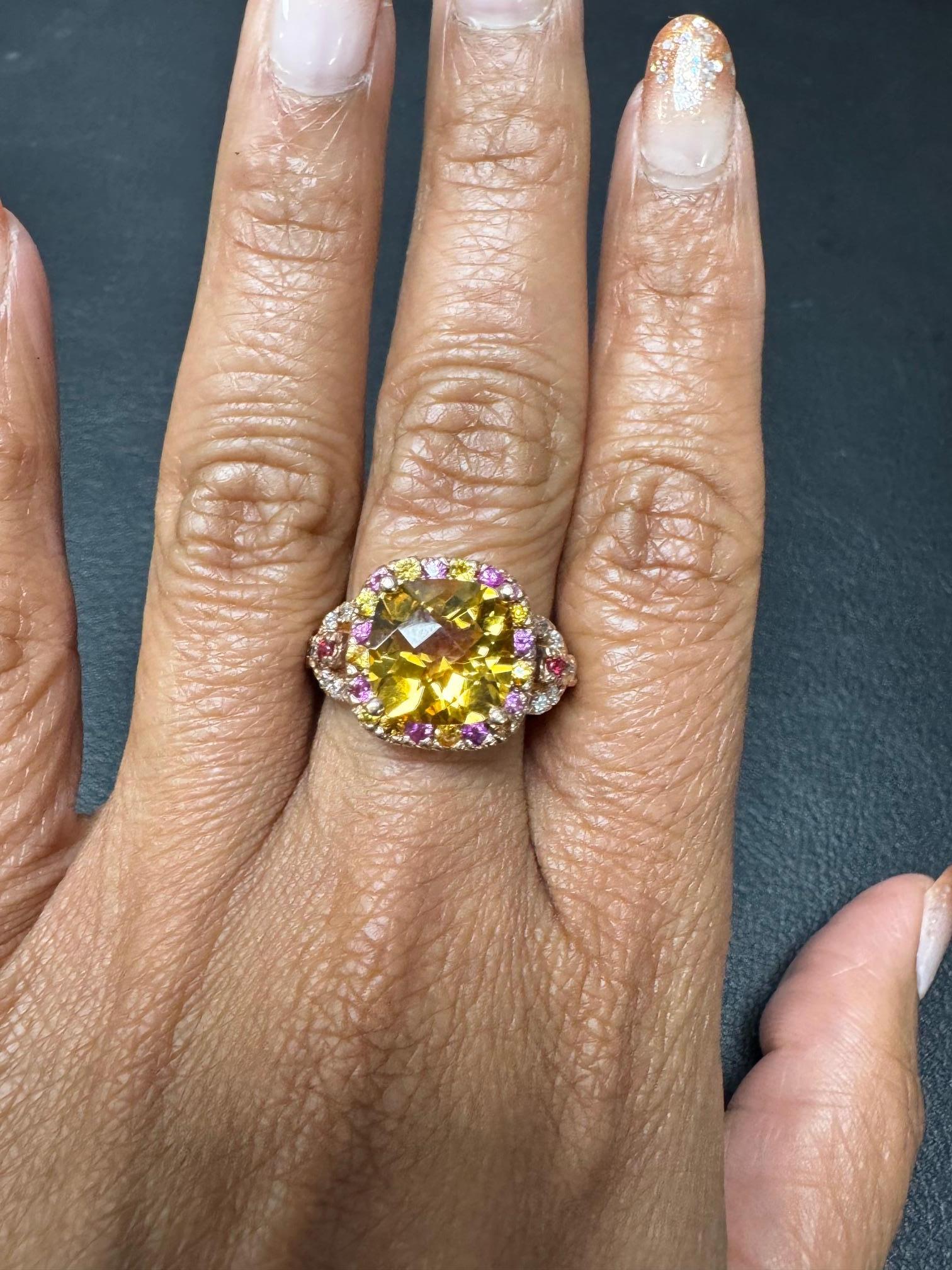 Ring aus 14 Karat Roségold mit 5,10 Karat Citrin im Kissenschliff, rosa Saphir und Diamant im Angebot 3