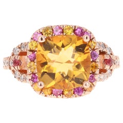 5.10 Carat Cushion Cut Citrine, Pink Sapphire Diamond 14 Karat Rose Gold Ring