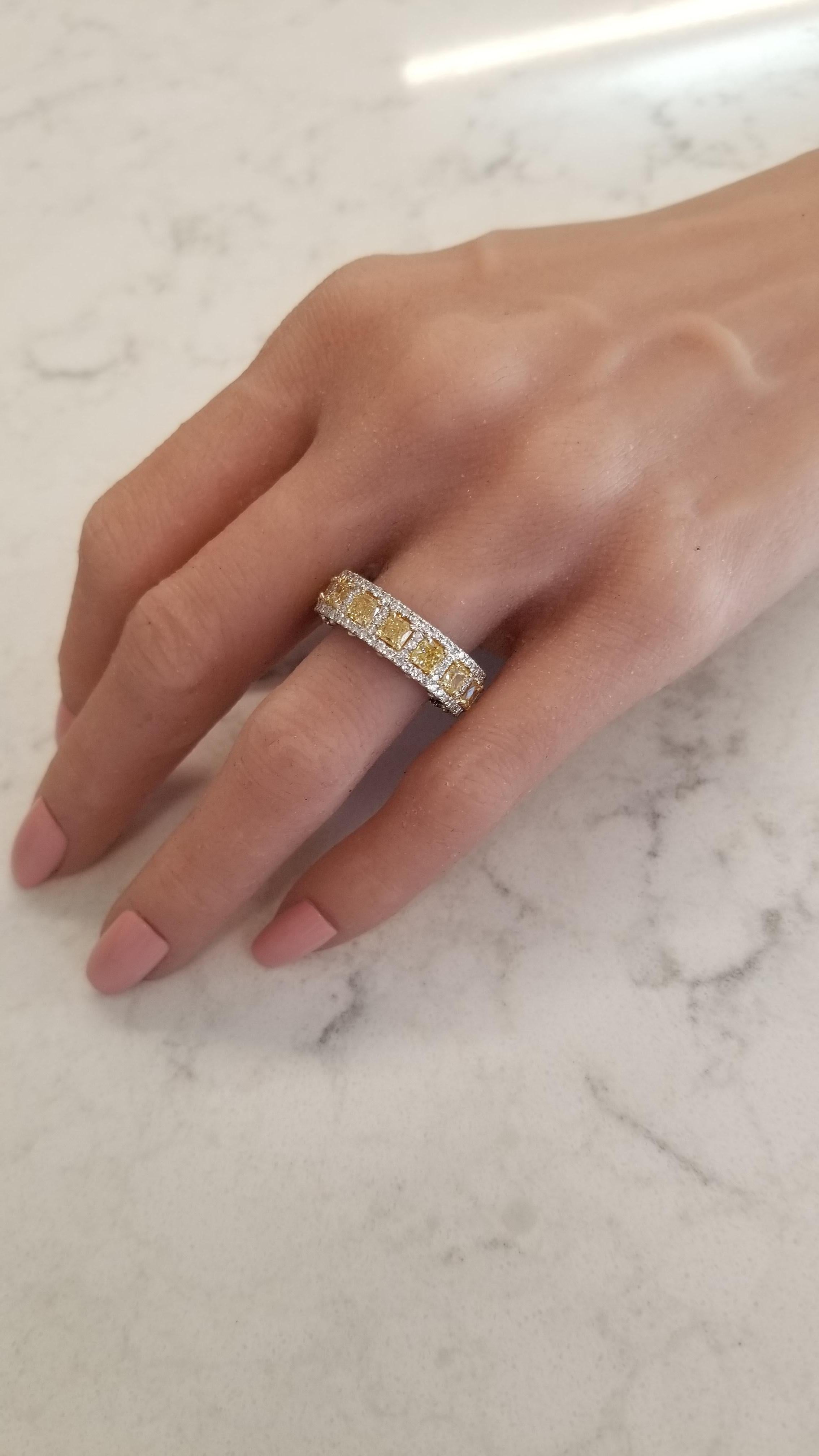 5.10 Carat Cushion Cut Natural Fancy Yellow Diamond Ring in 18 Karat White Gold In New Condition In Chicago, IL