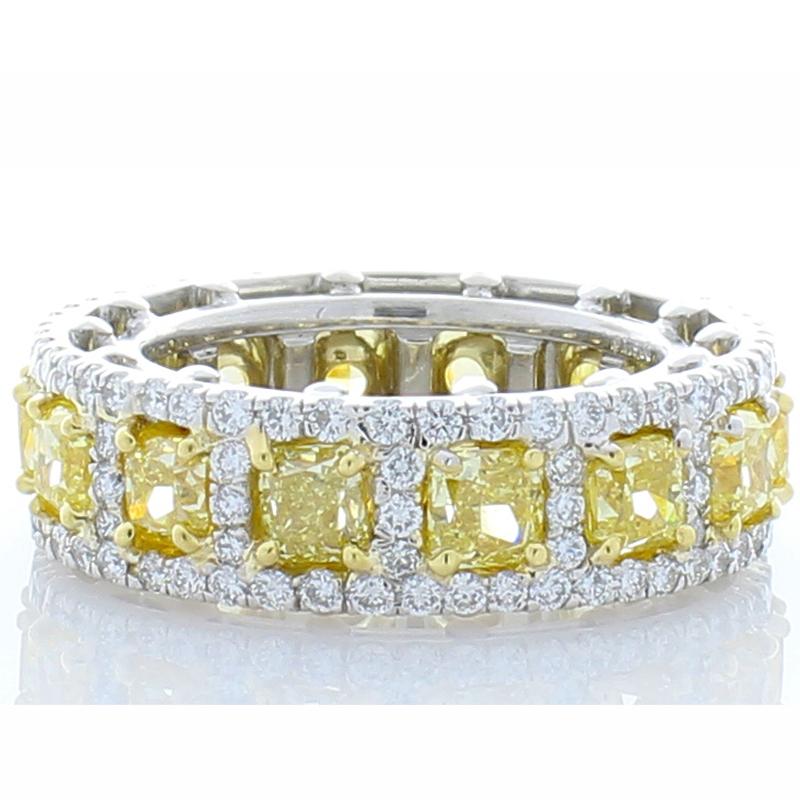 Contemporary 5.10 Carat Cushion Cut Natural Fancy Yellow Diamond Ring in 18 Karat White Gold