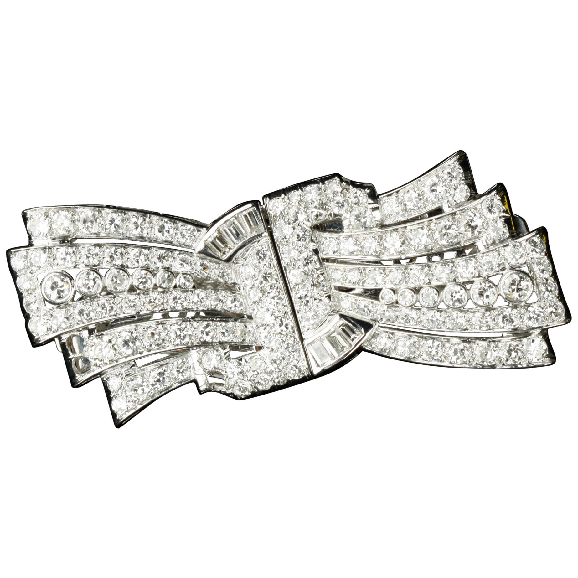 5.10 Carat Diamond Art Deco Style Convertible Brooch/Clips in Platinum & Gold For Sale