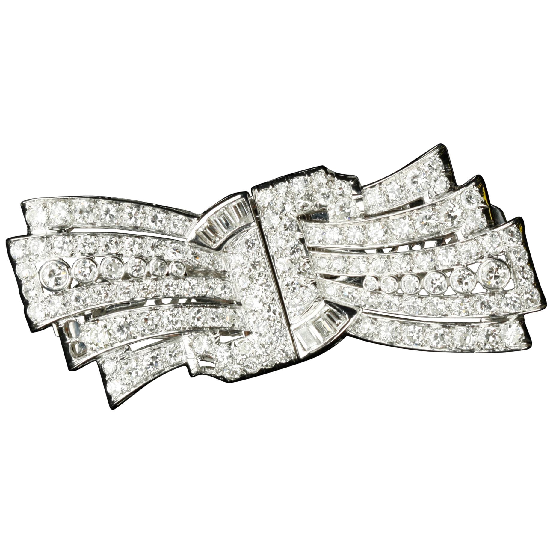 Broche/clips de style Art déco convertible en platine et or avec diamants de 5,10 carats