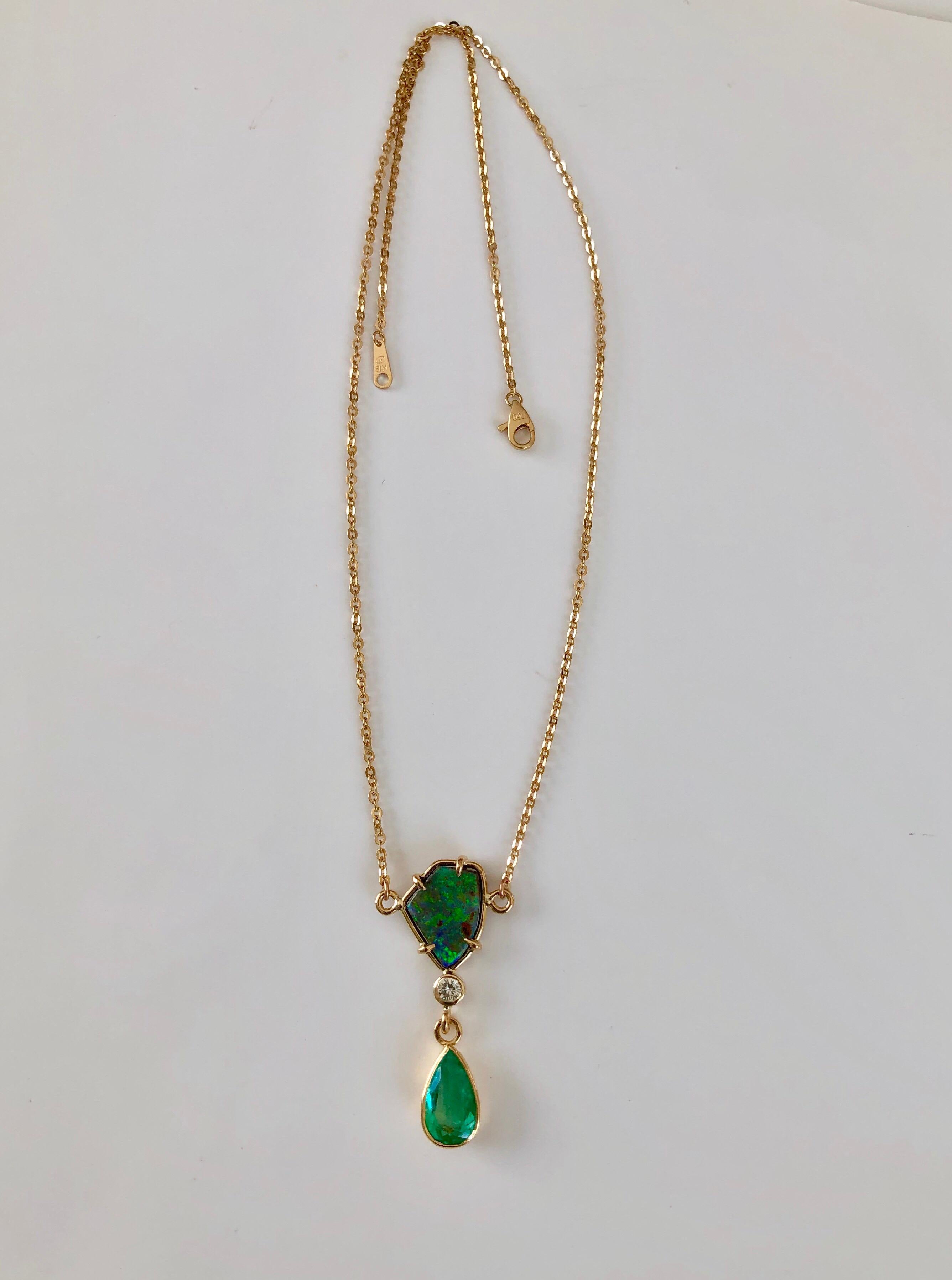 Pear Cut 5.10 Carat Emerald Boulder Opal Diamond Pendant Necklace 18 Karat
