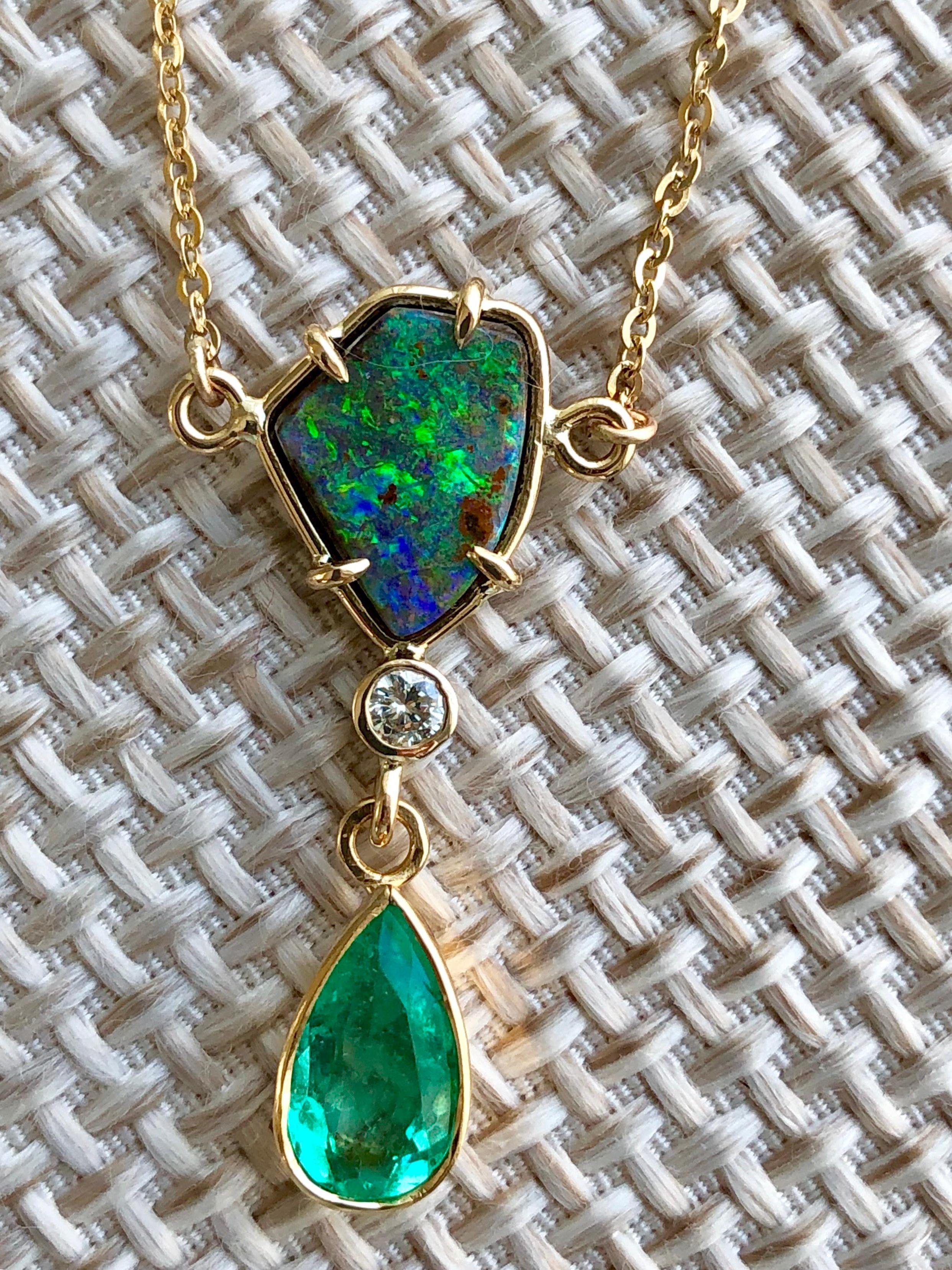 Contemporary 5.10 Carat Emerald Boulder Opal Diamond Pendant Necklace 18 Karat