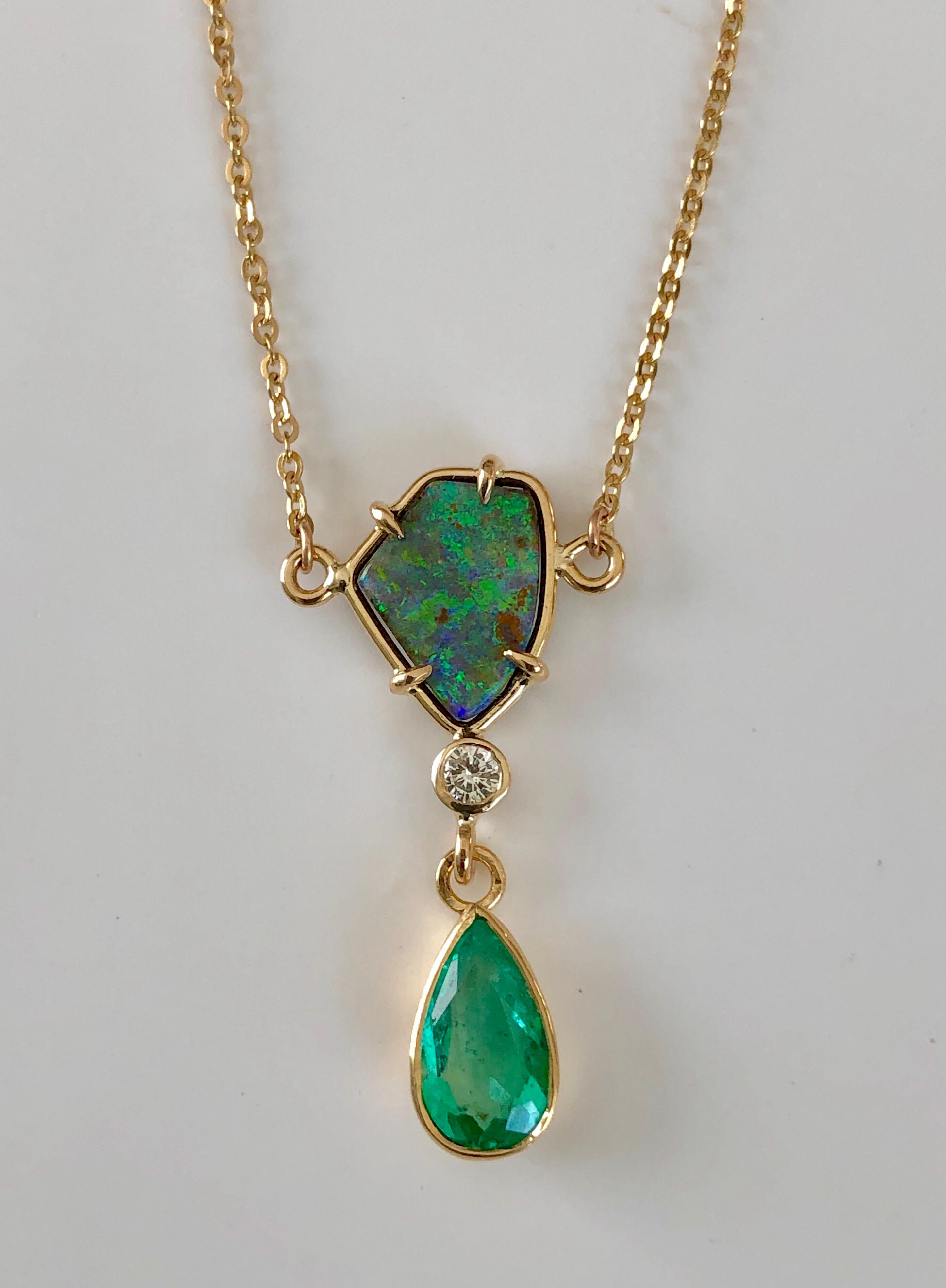Women's 5.10 Carat Emerald Boulder Opal Diamond Pendant Necklace 18 Karat