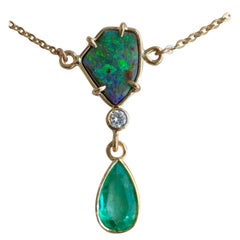 5.10 Carat Emerald Boulder Opal Diamond Pendant Necklace 18 Karat