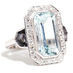 5.10 Carat Emerald Cut Blue Aquamarine and Diamond 18 Carat Gold Cocktail Ring