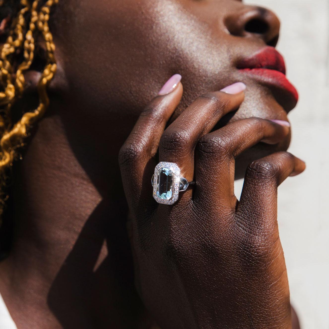 5.10 Carat Emerald Cut Blue Aquamarine and Diamond 18 Carat Gold Cocktail Ring In New Condition In Hamilton, AU
