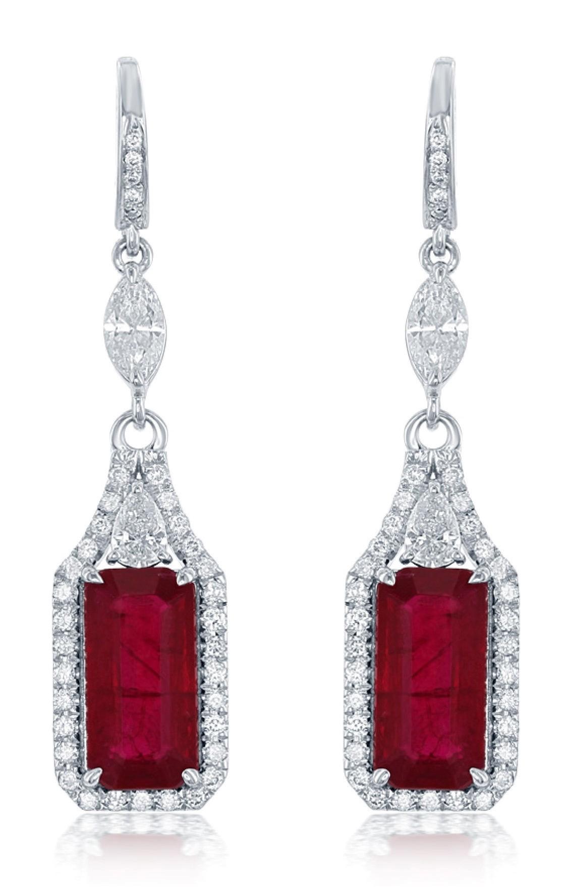 5.10 Carat Emerald Cut Ruby Earrings with 1.45ct of Diamonds in 18kt White Gold In New Condition For Sale In New Orleans, LA