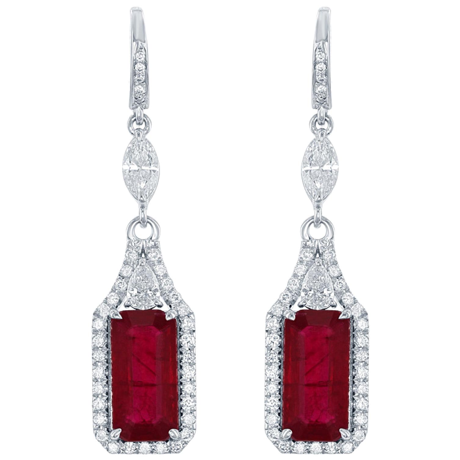 5.10 Carat Emerald Cut Ruby Earrings with 1.45ct of Diamonds in 18kt White Gold For Sale