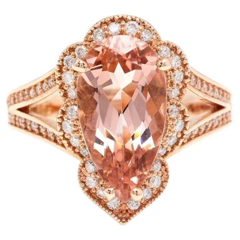 Bague en or rose massif 14 carats avec diamants et morganite naturelle exquise de 5,10 carats en vente