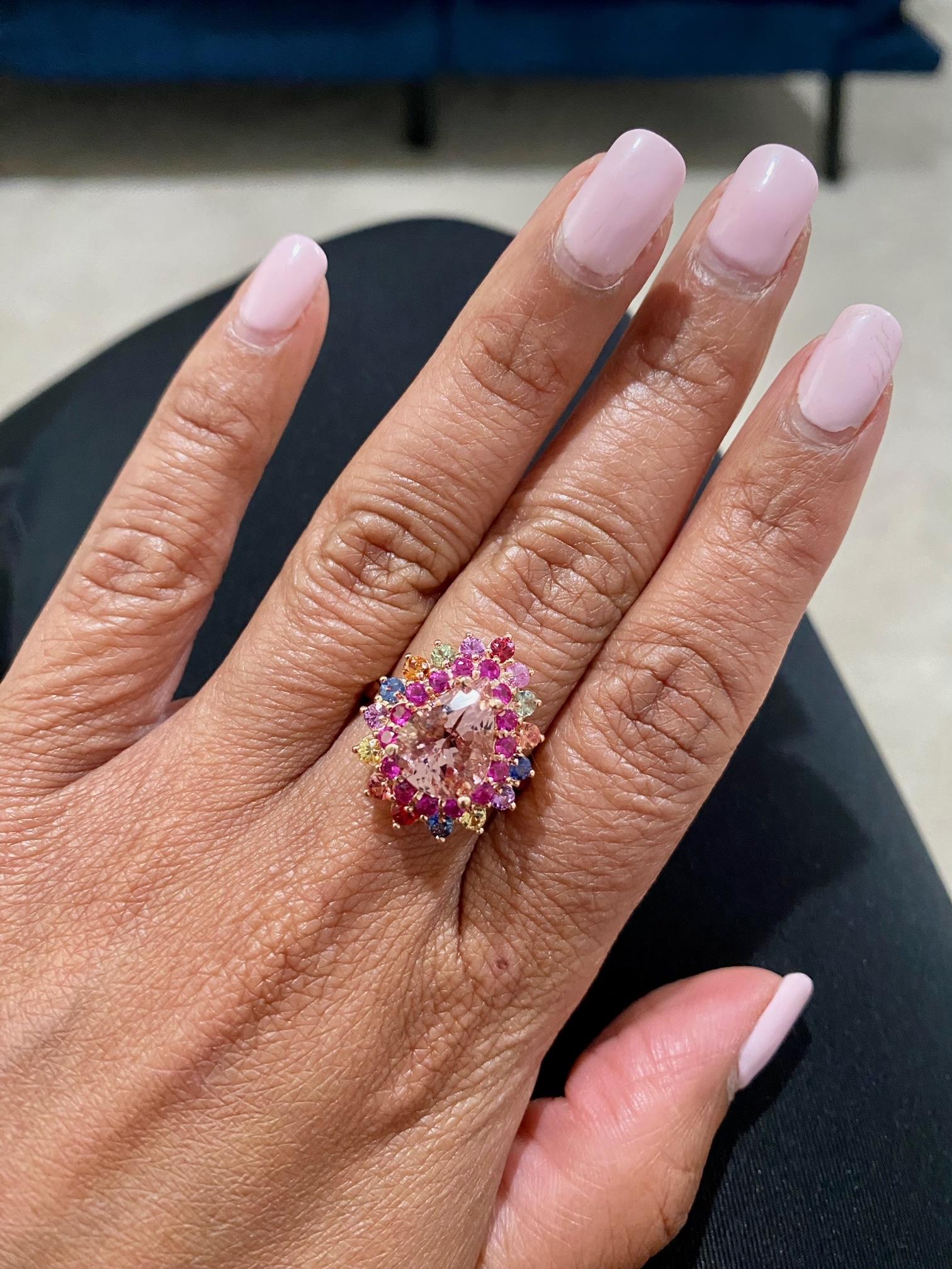 5.10 Carat Morganite Multi Color Sapphire Rose Gold Cocktail Ring In New Condition For Sale In Los Angeles, CA