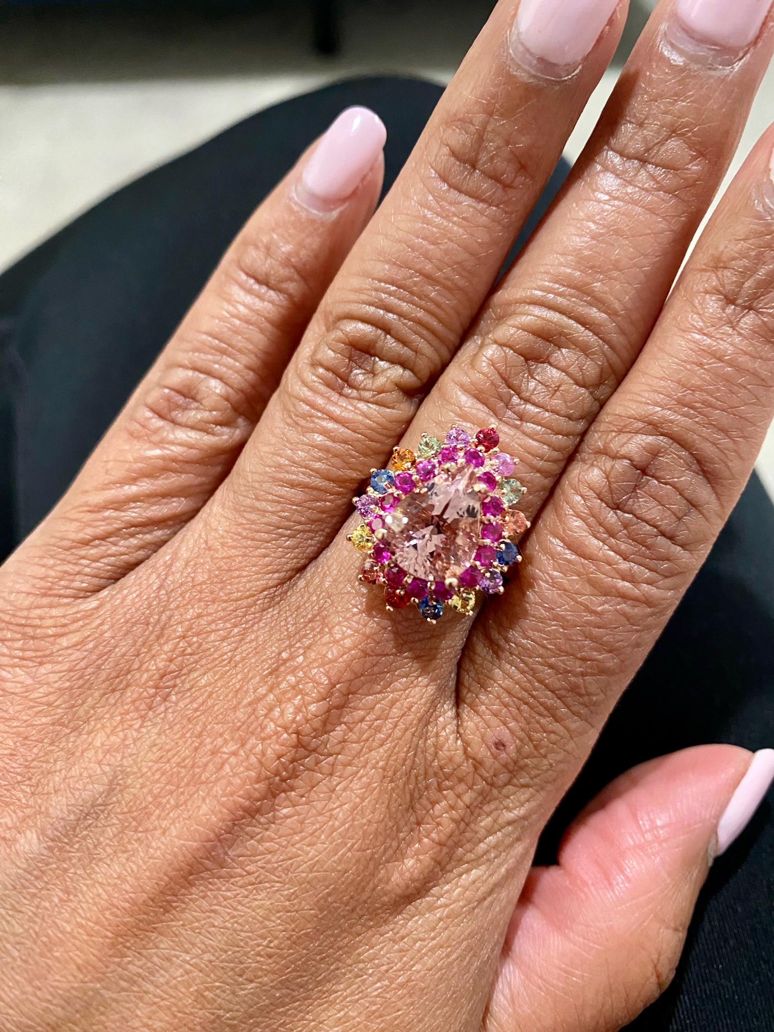 Women's 5.10 Carat Morganite Multi Color Sapphire Rose Gold Cocktail Ring For Sale