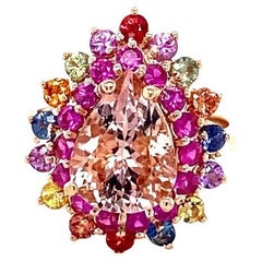 Bague cocktail en or rose avec saphirs multicolores et morganite de 5,10 carats