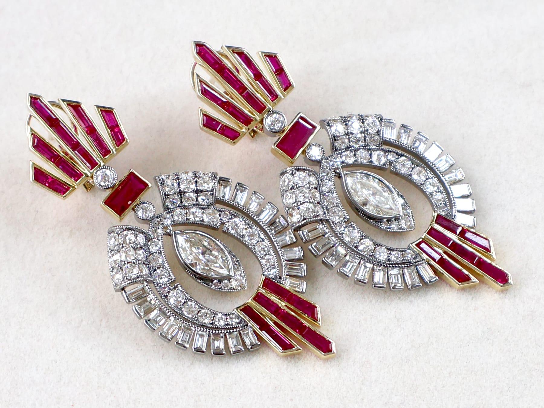 da uomo o donna Orecchini a goccia in oro giallo 18k con rubino del Mozambico da 5,10 carati e diamante da 5,38 carati in vendita