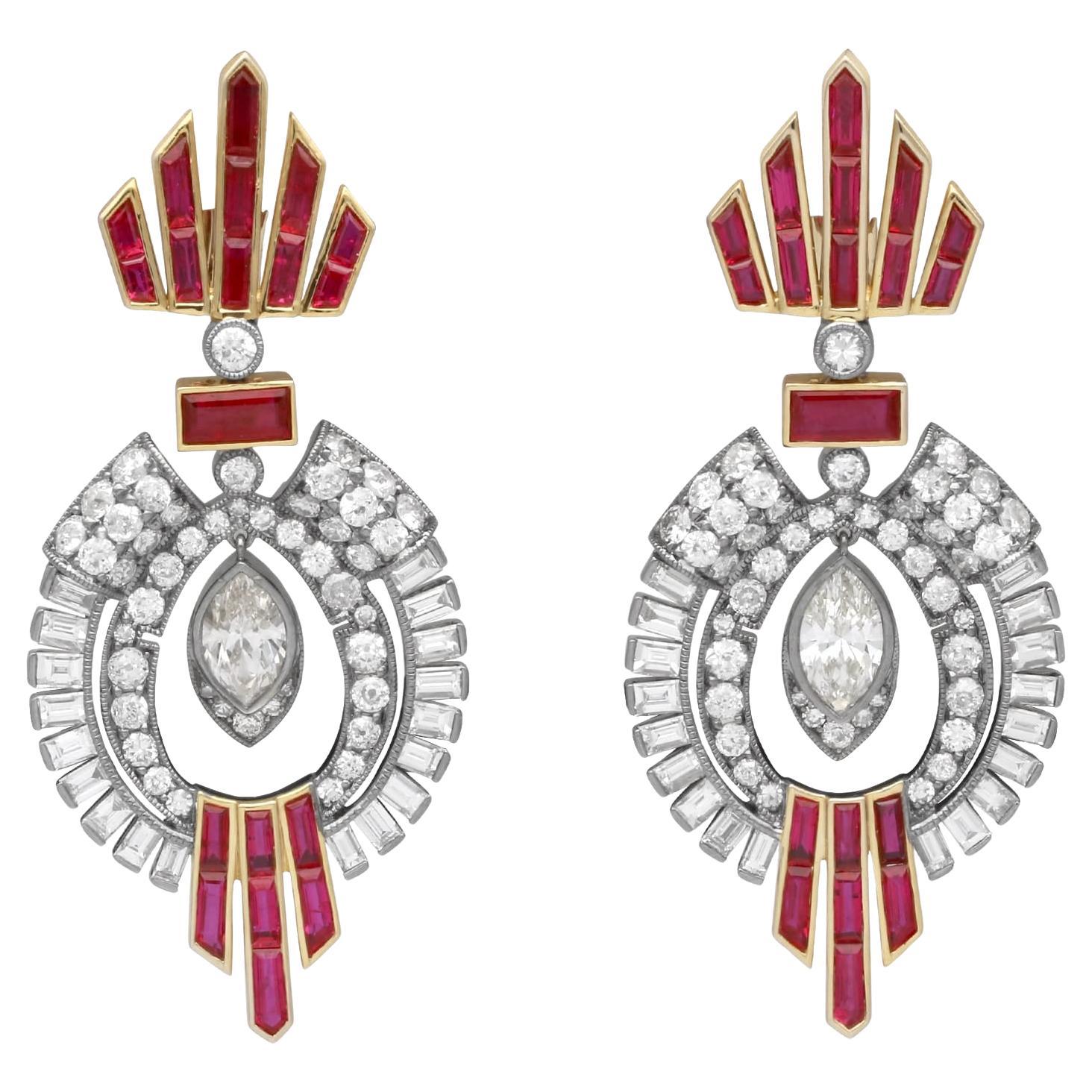 Orecchini a goccia in oro giallo 18k con rubino del Mozambico da 5,10 carati e diamante da 5,38 carati