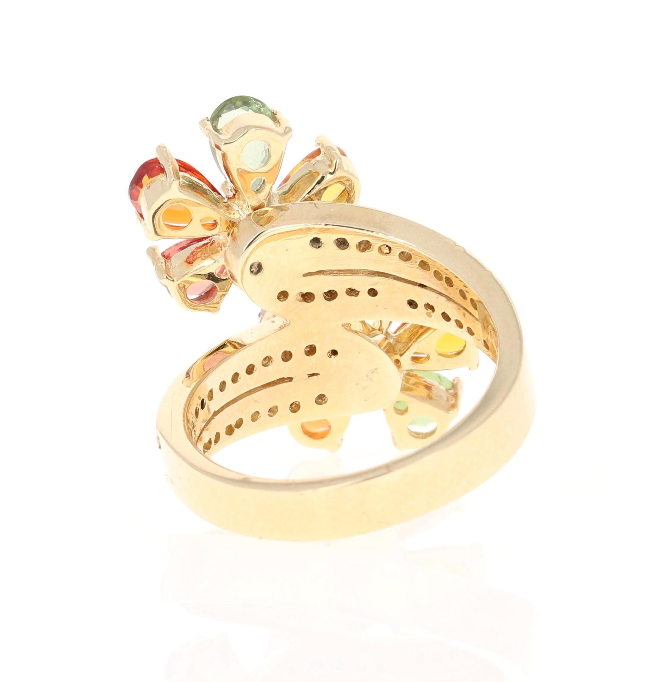 Contemporary 5.10 Carat Multi Sapphire Diamond 14 Karat Yellow Gold Floret Ring