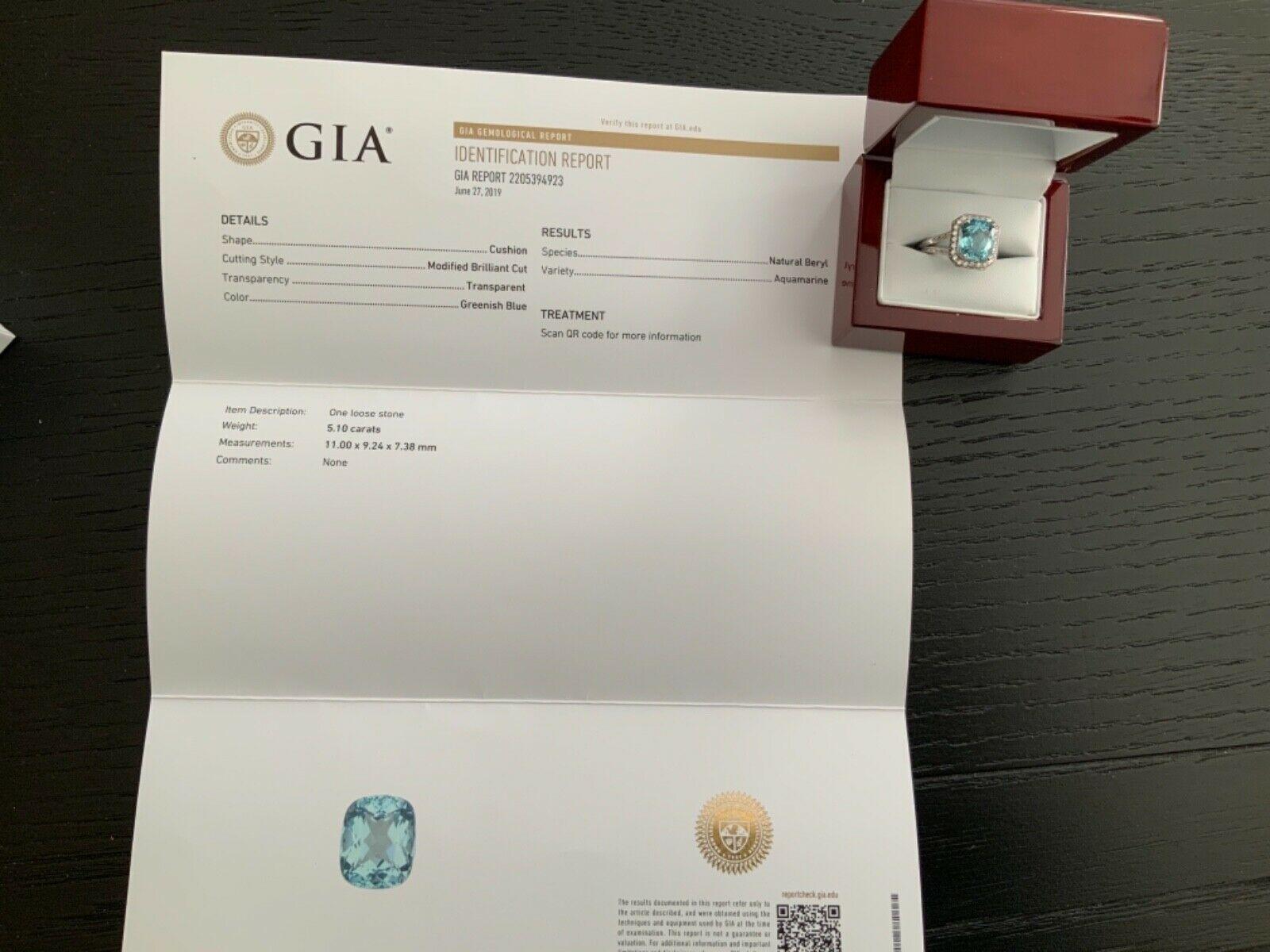 5.10 Carat Natural Aquamarine and Diamond Ring GIA Certified For Sale 1