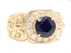 5.10 Carat Natural Diamond & Blue Sapphire 14 Karat Solid Yellow Gold Men's Ring