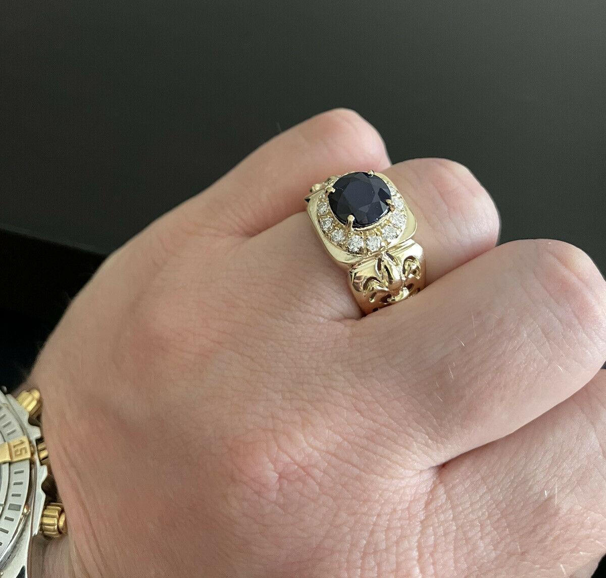 5.10 Carat Natural Diamond & Blue Sapphire 14 Karat Solid Yellow Gold Men's Ring For Sale 2