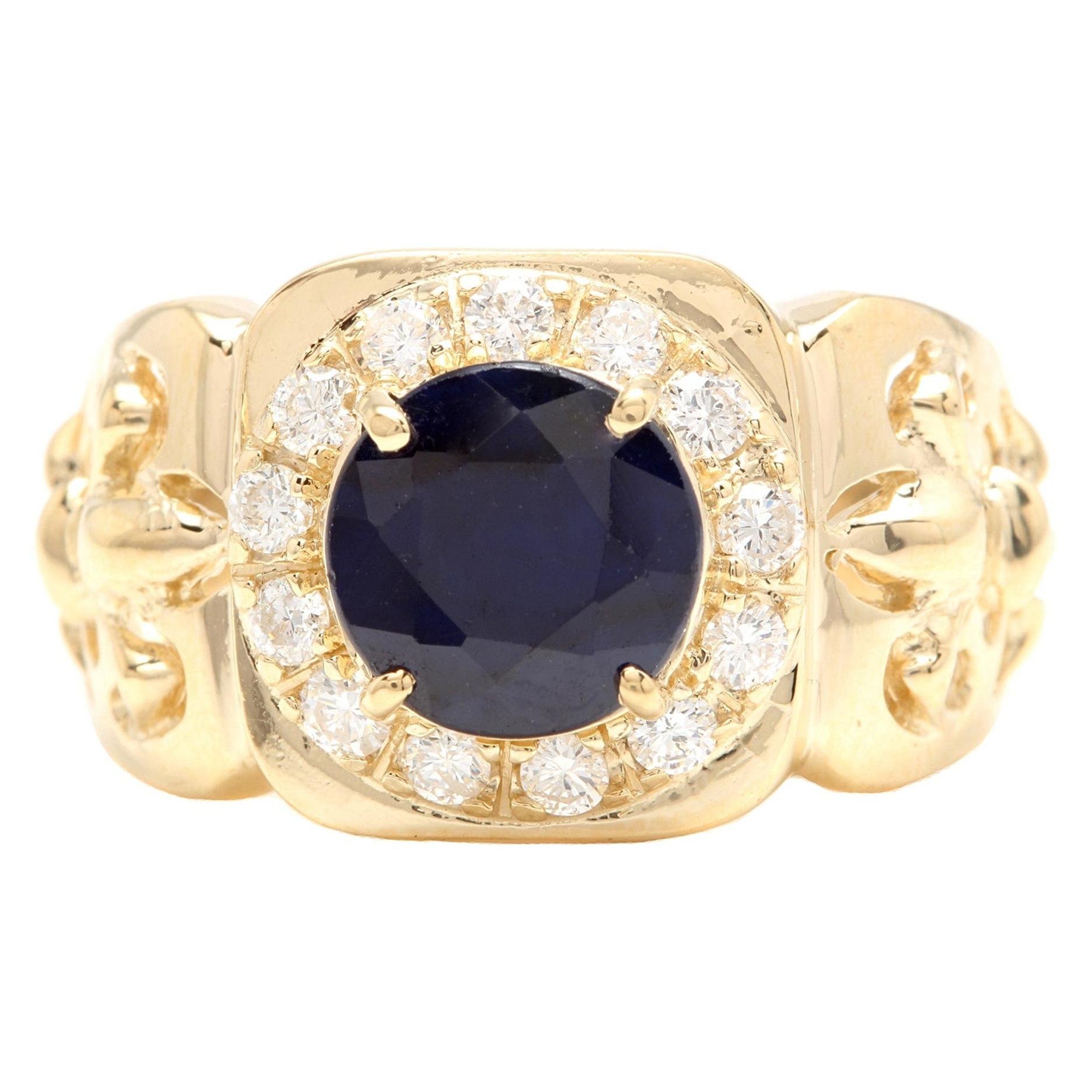 Bague pour homme en or jaune massif 14 carats avec diamants naturels de 5,10 carats et saphir bleu en vente