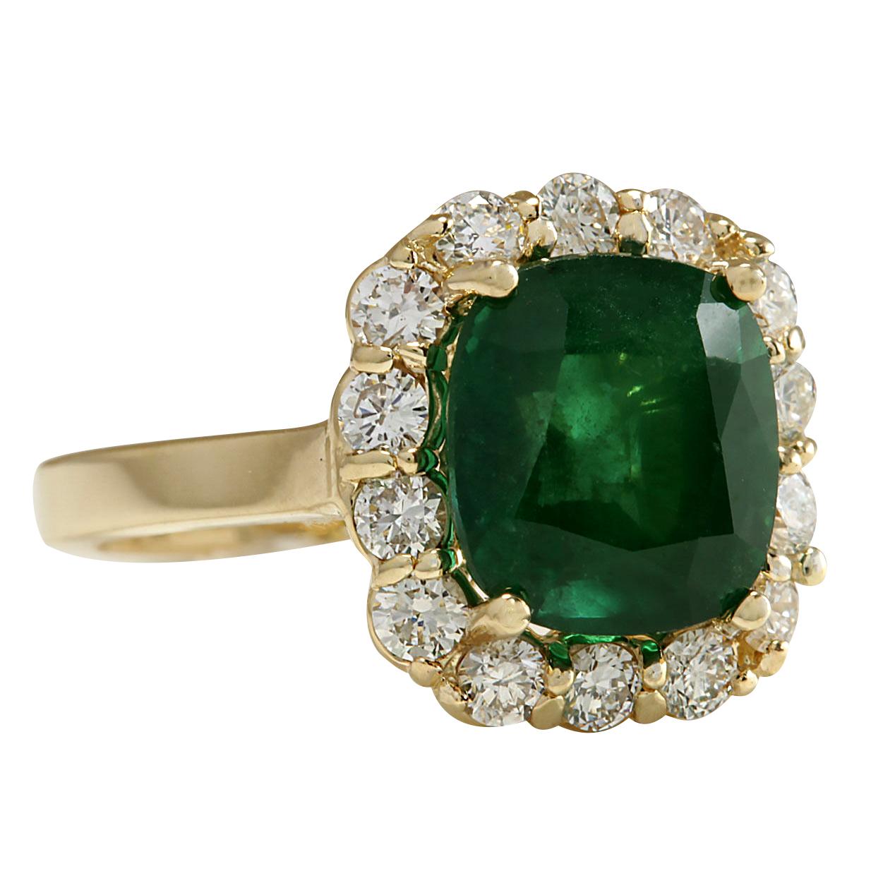 Stamped: 14K Yellow Gold
Total Ring Weight: 5.5 Grams
Total Natural Emerald Weight is 4.25 Carat (Measures: 10.00x8.00 mm)
Color: Green
Total Natural Diamond Weight is 0.85 Carat
Color: F-G, Clarity: VS2-SI1
Face Measures: 14.75x13.60 mm
Sku: