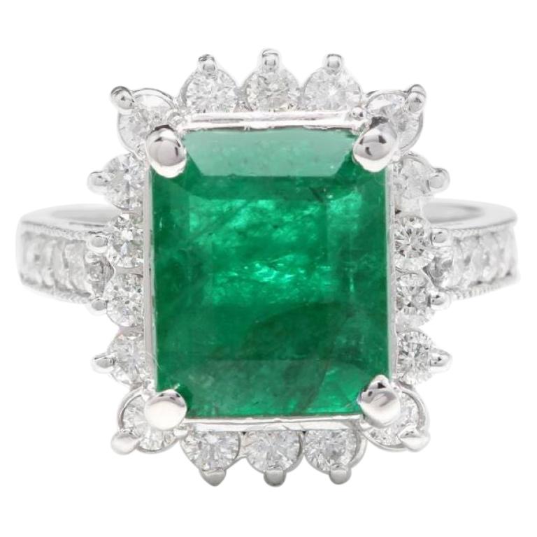 5.10 Carat Natural Emerald and Diamond 14 Karat Solid White Gold Ring For Sale