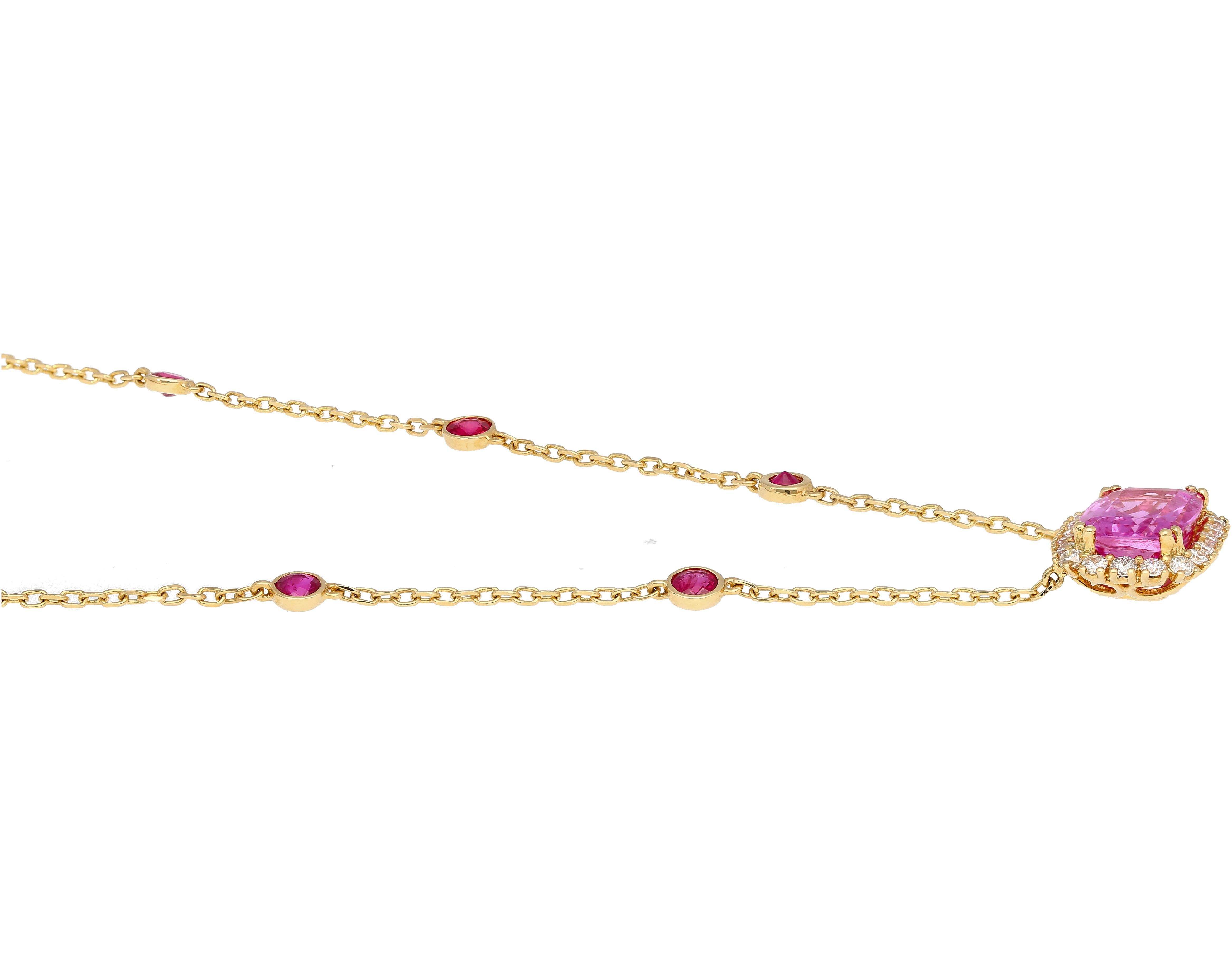 Schwebende Halskette, 5,10 Karat unbehandelter Ceylon-Rosa Saphir Ost-West-Saphir (Kissenschliff) im Angebot