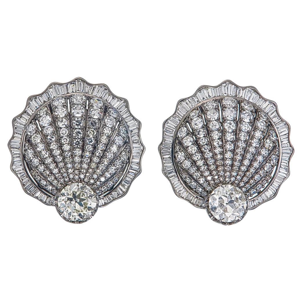 5.10 Carat Old Cut Diamond Shell Stud Earrings For Sale