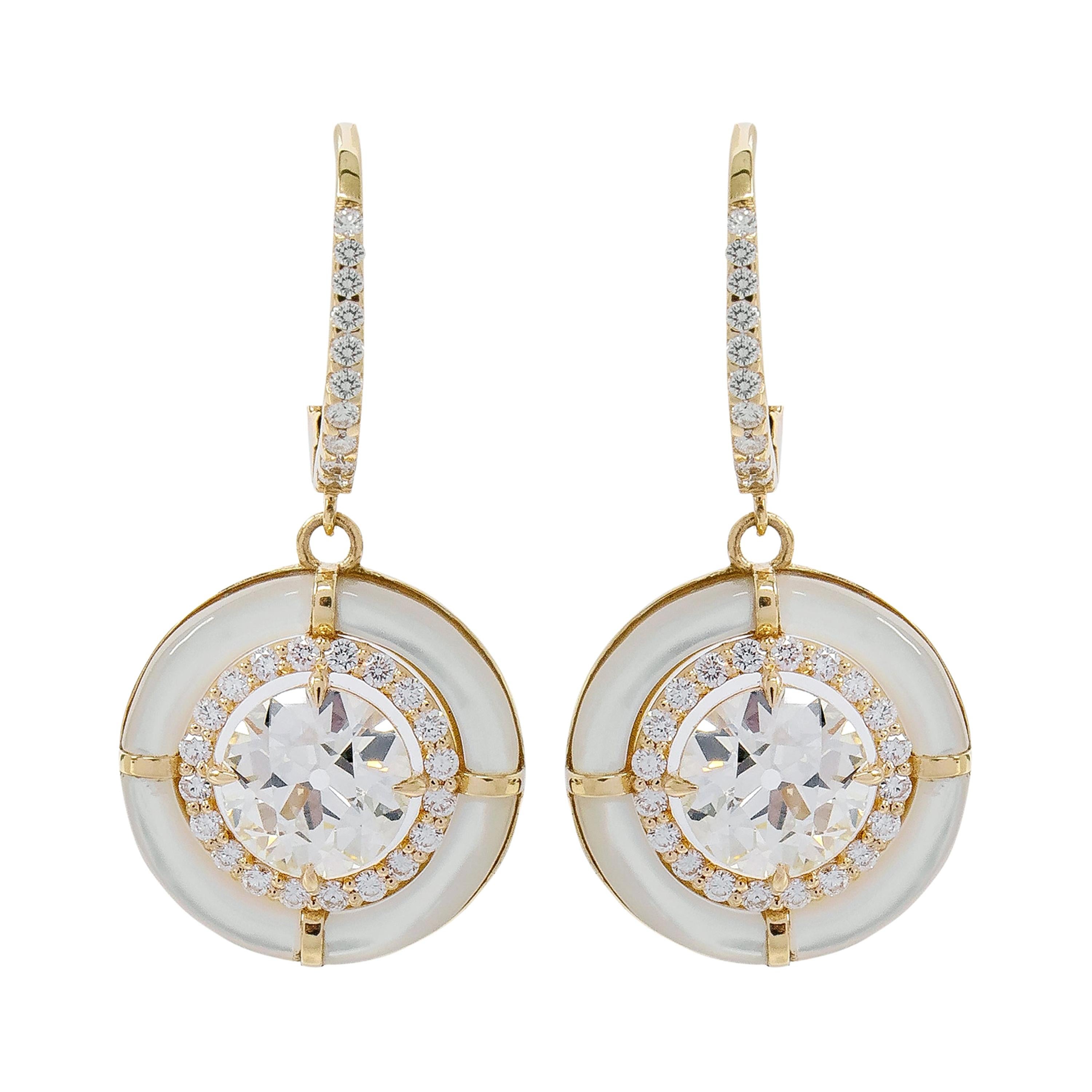 5.10 Carat Old European Cut Diamond and Mother of Pearl Drop Earrings For Sale