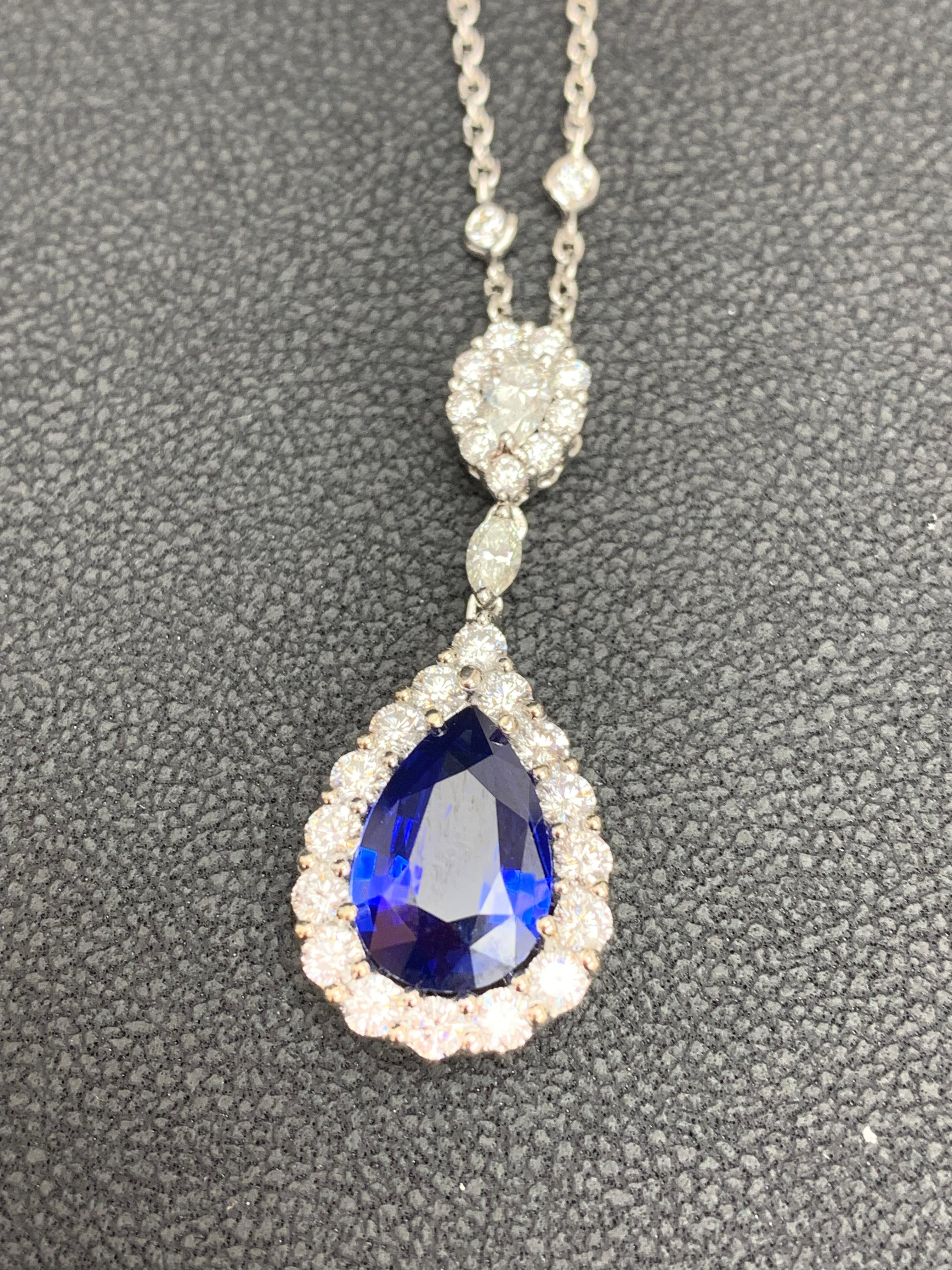 5.10 Carat Pear Shape Blue Saphire and Diamond Halo Drop Pendant Necklace For Sale 3