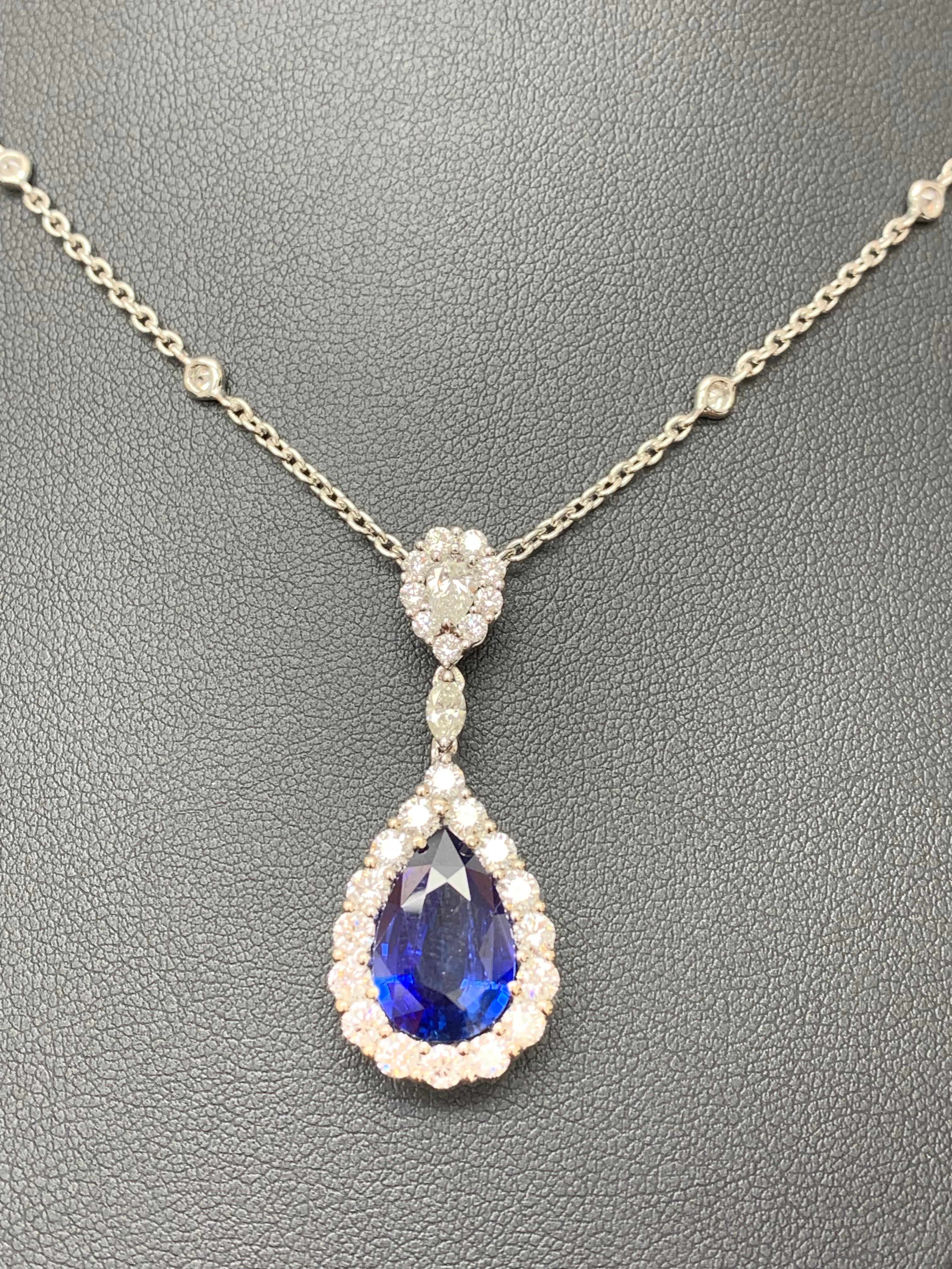 5.10 Carat Pear Shape Blue Saphire and Diamond Halo Drop Pendant Necklace For Sale 5