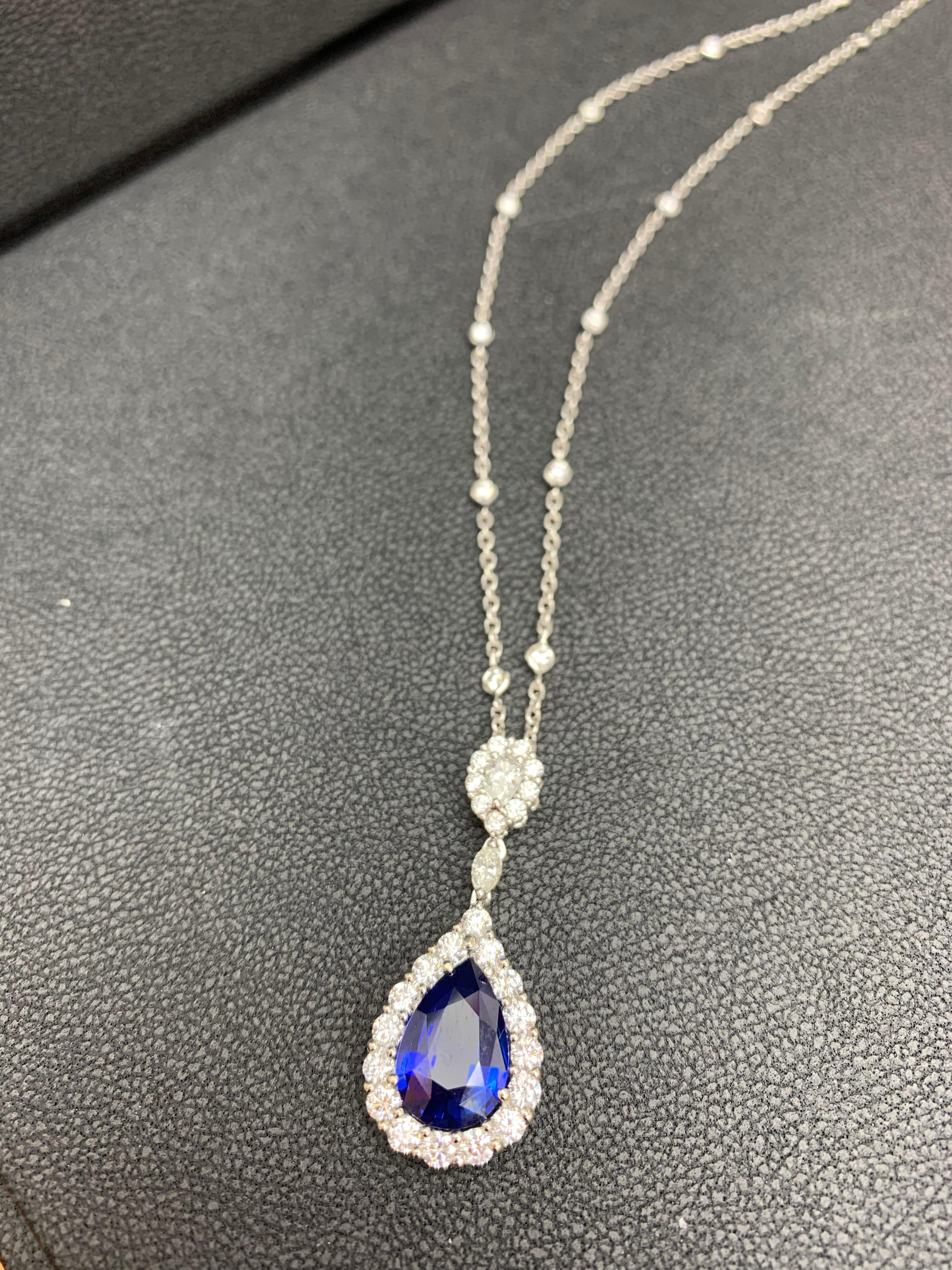 Women's 5.10 Carat Pear Shape Blue Saphire and Diamond Halo Drop Pendant Necklace For Sale